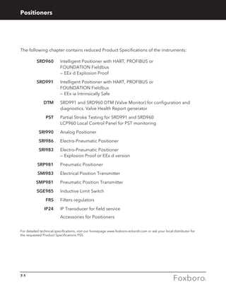 7-1
For detailed technical specifications, visit our homepage www.foxboro-eckardt.com or ask your local distributor for
the requested Product Specifications PSS.
Positioners
The following chapter contains reduced Product Specifications of the instruments:
	 SRD960	Intelligent Positioner with HART, PROFIBUS or 		
FOUNDATION Fieldbus
		 — EEx d Explosion Proof
	 SRD991	Intelligent Positioner with HART, PROFIBUS or 		
FOUNDATION Fieldbus
— EEx ia Intrinsically Safe
	 DTM	SRD991 and SRD960 DTM (Valve Monitor) for configuration and
diagnostics. Valve Health Report generator
	 PST	 Partial Stroke Testing for SRD991 and SRD960
		 LCP960 Local Control Panel for PST monitoring
	 SRI990	 Analog Positioner
	 SRI986	 Electro-Pneumatic Positioner
	 SRI983	 Electro-Pneumatic Positioner
		 — Explosion Proof or EEx d version
	 SRP981	 Pneumatic Positioner
	 SMI983	 Electrical Position Transmitter
	 SMP981	 Pneumatic Position Transmitter
	SGE985	 Inductive Limit Switch
	FRS	 Filters regulators
	IP24	 IP Transducer for field service
		 Accessories for Positioners
 