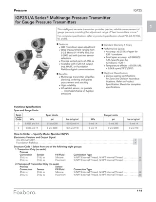 Pressure
1
IGP25 I/A Series® Multirange Pressure Transmitter
for Gauge Pressure Transmitters
1-18
IGP25
This intelligent two-wire transmitter provides precise, reliable measurement of
gauge pressure providing the adjustment range of “two transmitters in one.”
For complete specifications refer to product specification sheet PSS 2A-1C13G,
M, and N.
MPa
0.0035 and 1.4
0.035 and 14
psi
0.5 and 200
5 and 2000
bar or kg/cm2
0.035 and 14
0.35 and 140
MPa
0 and 1.4
0 and 14
psi
0 and 200
0 and 2000
bar or kg/cm2
0 and 14
0 and 140
D
E
Functional Specifications
Span and Range Limits
Span
Limits
Code
Span Limits					 Range Limits
How to Order — Specify Model Number IGP25
Electronics Versions and Output Signal
	 4 to 20 mA/HART. . . . . . . . . . . . . . . . . . . . . . . . . . . . . . . . . . . . . . . . . . . . . . . . . . . . . . . . . . . . . . . . . . . . . . . . . . . . . . . . . . . . . . -T
	 Foundation Fieldbus. . . . . . . . . . . . . . . . . . . . . . . . . . . . . . . . . . . . . . . . . . . . . . . . . . . . . . . . . . . . . . . . . . . . . . . . . . . . . . . . . . . -F
Structure Code — Select from one of the following eight groups:
	 1.	Transmitter Only (no seals)
			Process
			 Connection	 Sensor	 Fill Fluid	 Connection Type
			 316L ss	 316L ss	 Silicone	 ½ NPT External Thread, ¼ NPT Internal Thread. . . . . . . . . . . . . .  22
			 316L ss	 316L ss	 Fluorinert	 ½ NPT External Thread, ¼ NPT Internal Thread. . . . . . . . . . . . . .  23
	 2.	Flameproof Transmitter Only (no seals)
			Process		 Sensor
			 Connection	 Sensor	 Fill Fluid	 Connection Type
			 316L ss	 316L ss	 Silicone	 ½ NPT External Thread, ¼ NPT Internal Thread. . . . . . . . . . . . . .  52
			 316L ss	 316L ss	 Fluorinert 	 ½ NPT External Thread, ¼ NPT Internal Thread. . . . . . . . . . . . . .  53
	
g Features:
	 a400:1 turndown span adjustment
	 aWide measurement ranges from
		 0-3.5 kPa to 0-14 MPa (0-0.5 to
		 0-2000 psi) with just two sensor
		 selections
	 aProcess wetted parts all 316L ss
	 aAvailable with 4-20 mA output
		 and, HART, or Foundation
		 Fieldbus digital communications
g Benefits:
	 aMultirange transmitter simplifies
		 planning, ordering and spares
		 procurement and stocking
	 aHigh reliability
	 aAll welded sensor, no gaskets
		 — minimized chance of fugitive
		 emissions
g Standard Warranty 5 Years
g Performance Specs:
	 aAccuracy: ±0.075% of span for
		 120:1 turndown
	 aSmall span accuracy: ±(0.000625)
		 (URL/span)% span for 		
	 turndowns 120:1
	 aTemperature effects: ±(0.03% URL
		 + 0.06% span)/28°C (50°F)
g Electrical Classification:
	 aVarious agency certifications
		 for Zone and Division hazardous
		 locations. Refer to Product
		 Specification Sheets for complete
		 specifications.
 