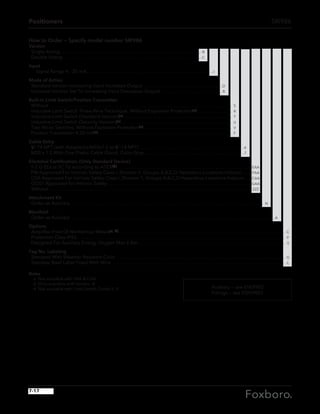 Positioners SRI986
How to Order — Specify model number SRI986
Version
	 Single Acting. . . . . . . . . . . . . . . . . . . . . . . . . . . . . . . . . . . . . . . . . . . . . . . . . . . . . . . . . . .  -B
	 Double Acting . . . . . . . . . . . . . . . . . . . . . . . . . . . . . . . . . . . . . . . . . . . . . . . . . . . . . . . . . -C
Input
		 Signal Range 4 - 20 mA. . . . . . . . . . . . . . . . . . . . . . . . . . . . . . . . . . . . . . . . . . . . . . . . . . . . .-I
Mode of Action
	 Standard Version Increasing Input Increases Output. . . . . . . . . . . . . . . . . . . . . . . . . . . . . . . . . D
	 Universal Version Set To Increasing Input Decreases Output. . . . . . . . . . . . . . . . . . . . . . . . . .  R
Built-In Limit Switch/Position Transmitter
	Without . . . . . . . . . . . . . . . . . . . . . . . . . . . . . . . . . . . . . . . . . . . . . . . . . . . . . . . . . . . . . . . . . . . . . . . . . . . . . S
	 Inductive Limit Switch Three-Wire Technique, Without Explosion Protection(a). . . . . . . . . . . . . . . . R
	 Inductive Limit Switch (Standard Version)(a). . . . . . . . . . . . . . . . . . . . . . . . . . . . . . . . . . . . . . . . . . . . . . T
	 Inductive Limit Switch (Security Version)(a) . . . . . . . . . . . . . . . . . . . . . . . . . . . . . . . . . . . . . . . . . . . . . . . U
	 Two Micro Switches, Without Explosion Protection(a). . . . . . . . . . . . . . . . . . . . . . . . . . . . . . . . . . . . . . V
	 Position Transmitter 4-20 mA(a). . . . . . . . . . . . . . . . . . . . . . . . . . . . . . . . . . . . . . . . . . . . . . . . . . . . . . . . . F
Cable Entry
	 1
⁄2”-14 NPT (with Adapter(s) M20x1.5 to 1
⁄2”-14 NPT). . . . . . . . . . . . . . . . . . . . . . . . . . . . . . . . . . . . . . . . . . . . 6
	 M20 x 1.5 With One Plastic Cable Gland, Color Gray. . . . . . . . . . . . . . . . . . . . . . . . . . . . . . . . . . . . . . . . . . 7
Electrical Certification: (Only Standard Device)
	 II 2 G EEx ia IIC T6 according to ATEX(d). . . . . . . . . . . . . . . . . . . . . . . . . . . . . . . . . . . . . . . . . . . . . . . . . . . . . . . . . EAA
	 FM Approved For Intrinsic Safety Class I, Division 1, Groups A,B,C,D Hazardous Locations Indoors. . . . . FAA
	 CSA Approved For Intrinsic Safety Class I, Division 1, Groups A,B,C,D Hazardous Locations Indoors. . .  CAA
	 GOST Approved for Intrinsic Safety. . . . . . . . . . . . . . . . . . . . . . . . . . . . . . . . . . . . . . . . . . . . . . . . . . . . . . . . . . . .  GAA
	Without . . . . . . . . . . . . . . . . . . . . . . . . . . . . . . . . . . . . . . . . . . . . . . . . . . . . . . . . . . . . . . . . . . . . . . . . . . . . . . . . . . . . . ZZZ
Attachment Kit
	 Order as Auxiliary . . . . . . . . . . . . . . . . . . . . . . . . . . . . . . . . . . . . . . . . . . . . . . . . . . . . . . . . . . . . . . . . . . . . . . . . . . . . . . . . . N
Manifold
	 Order as Auxiliary . . . . . . . . . . . . . . . . . . . . . . . . . . . . . . . . . . . . . . . . . . . . . . . . . . . . . . . . . . . . . . . . . . . . . . . . . . . . . . . . . . . . . A
Options
	 Amplifier Free Of Nonferrous Metals(a, b) . . . . . . . . . . . . . . . . . . . . . . . . . . . . . . . . . . . . . . . . . . . . . . . . . . . . . . . . . . . . . . . . . . . . . . -C
	 Protection Class IP65. . . . . . . . . . . . . . . . . . . . . . . . . . . . . . . . . . . . . . . . . . . . . . . . . . . . . . . . . . . . . . . . . . . . . . . . . . . . . . . . . . . . . . . . -F
	 Designed For Auxiliary Energy Oxygen Max 6 Bar. . . . . . . . . . . . . . . . . . . . . . . . . . . . . . . . . . . . . . . . . . . . . . . . . . . . . . . . . . . . . . -S
Tag No. Labeling
	 Stamped With Weather Resistant Color . . . . . . . . . . . . . . . . . . . . . . . . . . . . . . . . . . . . . . . . . . . . . . . . . . . . . . . . . . . . . . . . . . . . . . . -G
	 Stainless Steel Label Fixed With Wire . . . . . . . . . . . . . . . . . . . . . . . . . . . . . . . . . . . . . . . . . . . . . . . . . . . . . . . . . . . . . . . . . . . . . . . . . -L
Notes
	 a	 Not available with FAA  CAA
	 b	 Only available with Version -B
	 d	 Not available with Limit Switch Codes R, V Auxiliary — see EVE9902
Fittings — see EOO9001
7-17
 