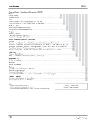 Positioners SRP981
How to Order — Specify model number SRP981
Version
	 Single Acting. . . . . . . . . . . . . . . . . . . . . . . . . . . . . . . . . . . . . . . . . . . . . . . . . . . . . . . . . . .  -B
	 Double Acting . . . . . . . . . . . . . . . . . . . . . . . . . . . . . . . . . . . . . . . . . . . . . . . . . . . . . . . . . -C
Input
	 Signal Range 0.2 to 1 bar/3 to 15 psi/ 20 - 100 kPa;
	 Split-Range Up To 4-Fold Possible, Must Be Specified. . . . . . . . . . . . . . . . . . . . . . . . . . . . -I
Mode of Action
	 Increasing Input Increases Output. . . . . . . . . . . . . . . . . . . . . . . . . . . . . . . . . . . . . . . . . . . . . . . . . D
	 Increasing Input Decreases Output. . . . . . . . . . . . . . . . . . . . . . . . . . . . . . . . . . . . . . . . . . . . . . . .  R
Gauges
	 Without Gauges. . . . . . . . . . . . . . . . . . . . . . . . . . . . . . . . . . . . . . . . . . . . . . . . . . . . . . . . . . . . . . . . . . . . . . L
	 Two Built-In Gauges (bar/psi)(a). . . . . . . . . . . . . . . . . . . . . . . . . . . . . . . . . . . . . . . . . . . . . . . . . . . . . . . . . M
	 Two Built-In Gauges (kPa/psi)(a). . . . . . . . . . . . . . . . . . . . . . . . . . . . . . . . . . . . . . . . . . . . . . . . . . . . . . . . N
Built-In Limit Switch/Position Transmitter
	Without . . . . . . . . . . . . . . . . . . . . . . . . . . . . . . . . . . . . . . . . . . . . . . . . . . . . . . . . . . . . . . . . . . . . . . . . . . . . . . . . . S
	 Inductive Limit Switch Three-Wire Technique, Without Explosion Protection(b) . . . . . . . . . . . . . . . . . . . R
	 Inductive Limit Switch (Standard Version) with Expl. Prot. II 2 G EEx ia IIC T6 acc. to ATEX(b) . . . . . . . T
	 Inductive Limit Switch (Security Version) with Expl. Prot. II 2 G EEx ia IIC T6 acc. to ATEX(b) . . . . . . . . U
	 Two Micro Switches, Without Explosion Protection(b). . . . . . . . . . . . . . . . . . . . . . . . . . . . . . . . . . . . . . . . . . V
	 Position Transmitter 4-20 mA, with Expl. Prot. II 2 G EEx ia IIC T6 acc. to ATEX(b) . . . . . . . . . . . . . . . . . W
Cable Entry
	 Without Cable Gland. . . . . . . . . . . . . . . . . . . . . . . . . . . . . . . . . . . . . . . . . . . . . . . . . . . . . . . . . . . . . . . . . . . . . . . . . . . 1
	 M20 x 1.5 With One Plastic Cable Gland, Color Gray(c). . . . . . . . . . . . . . . . . . . . . . . . . . . . . . . . . . . . . . . . . . . . . 7
Attachment Kit
	 Order as Auxiliary . . . . . . . . . . . . . . . . . . . . . . . . . . . . . . . . . . . . . . . . . . . . . . . . . . . . . . . . . . . . . . . . . . . . . . . . . . . . . . . . . N
Manifold
	 Order as Auxiliary . . . . . . . . . . . . . . . . . . . . . . . . . . . . . . . . . . . . . . . . . . . . . . . . . . . . . . . . . . . . . . . . . . . . . . . . . . . . . . . . . . . . . A
Options
	 Amplifier Free Of Nonferrous Metals(a). . . . . . . . . . . . . . . . . . . . . . . . . . . . . . . . . . . . . . . . . . . . . . . . . . . . . . . . . . . . . . . . . . . . . . . . -C
	 Manual Bypass Switch(a). . . . . . . . . . . . . . . . . . . . . . . . . . . . . . . . . . . . . . . . . . . . . . . . . . . . . . . . . . . . . . . . . . . . . . . . . . . . . . . . . . . . . -T
	 Protection Class IP65(b). . . . . . . . . . . . . . . . . . . . . . . . . . . . . . . . . . . . . . . . . . . . . . . . . . . . . . . . . . . . . . . . . . . . . . . . . . . . . . . . . . . . . . -F
	 Assembled Free Of Oil And Grease / Designed for Aux. Energy Oxygen. . . . . . . . . . . . . . . . . . . . . . . . . . . . . . . . . . . . . . . . . . -S
	 Tag No. Labeling
	 Stamped With Weather Resistant Color . . . . . . . . . . . . . . . . . . . . . . . . . . . . . . . . . . . . . . . . . . . . . . . . . . . . . . . . . . . . . . . . . . . . . . . -G
	 Stainless Steel Label Fixed With Wire . . . . . . . . . . . . . . . . . . . . . . . . . . . . . . . . . . . . . . . . . . . . . . . . . . . . . . . . . . . . . . . . . . . . . . . . . -L
Notes
	 a	 Only available with Version -B
	 b	 Not available with Gauge Code M or N
	 c	 Not available with Built-In Limit Switch / Position Transmitter Code S
Auxiliary — see EVE9902
Fittings — see EOO9001
7-21
 