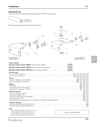 Positioners
7
Attachment Kits
Tube for direct mounting FRS to positioner (1/4 NPT connection)
Filter regulator bracket in Stainless Steel 316
FRS
How to Order
Specify model number FRS02 Filter regulator FRS02 . . . . . . . . . . . . . . . . . . . . . . . . . . . . . . . FRS02
Specify model number FRS03 Stainless Steel filter regulator. . . . . . . . . . . . . . . . . . . . . . . . . FRS03
Specify model number FRS923 Filter regulator FRS923. . . . . . . . . . . . . . . . . . . . . . . . . . . . FRS923
Control range
	 0 to 2.5 bar; 0 to 35 psi. . . . . . . . . . . . . . . . . . . . . . . . . . . . . . . . . . . . . . . . . . . . . . . . . . . . . . . . . . . . . . . . . . . . -1
	 0 to 6 bar; 0 to 90 psi. . . . . . . . . . . . . . . . . . . . . . . . . . . . . . . . . . . . . . . . . . . . . . . . . . . . . . . . . . . . . . . . . . . . . -2
Version
	 Pressure Regulator without Filter. . . . . . . . . . . . . . . . . . . . . . . . . . . . . . . . . . . . . . . . . . . . . . . . . . . . . . . . . . . . . . . . R
	 Pressure Regulator with Filter. . . . . . . . . . . . . . . . . . . . . . . . . . . . . . . . . . . . . . . . . . . . . . . . . . . . . . . . . . . . . . . . . . . S
Gauges
	Without(a). . . . . . . . . . . . . . . . . . . . . . . . . . . . . . . . . . . . . . . . . . . . . . . . . . . . . . . . . . . . . . . . . . . . . . . . . . . . . . . . . . . . . . . . . W
	 Gauge With Plastic Housing(b, d). . . . . . . . . . . . . . . . . . . . . . . . . . . . . . . . . . . . . . . . . . . . . . . . . . . . . . . . . . . . . . . . . . . . . K
	 Gauge With Housing in 1.4571(c). . . . . . . . . . . . . . . . . . . . . . . . . . . . . . . . . . . . . . . . . . . . . . . . . . . . . . . . . . . . . . . . . . . . V
Optional Features
	 Indication Range In kg/cm. . . . . . . . . . . . . . . . . . . . . . . . . . . . . . . . . . . . . . . . . . . . . . . . . . . . . . . . . . . . . . . . . . . . . . . . . . . . . . -A
	 Indication Range In kPa. . . . . . . . . . . . . . . . . . . . . . . . . . . . . . . . . . . . . . . . . . . . . . . . . . . . . . . . . . . . . . . . . . . . . . . . . . . . . . . . .-B
	 Version Free Of Non Ferrous Metal. . . . . . . . . . . . . . . . . . . . . . . . . . . . . . . . . . . . . . . . . . . . . . . . . . . . . . . . . . . . . . . . . . . . . . -C
	 Protection Class IP65. . . . . . . . . . . . . . . . . . . . . . . . . . . . . . . . . . . . . . . . . . . . . . . . . . . . . . . . . . . . . . . . . . . . . . . . . . . . . . . . . . . -F
	 Assembled free of oil and grease / Designed for Auxilliary Energy Oxygen. . . . . . . . . . . . . . . . . . . . . . . . . . . . . . . . . . . -S
	 Tag No. Labeling
	 Stamped With Weather Resistant Color . . . . . . . . . . . . . . . . . . . . . . . . . . . . . . . . . . . . . . . . . . . . . . . . . . . . . . . . . . . . . . . . . . . . . . . -G
	 Stainless Steel Label Fixed With Wire . . . . . . . . . . . . . . . . . . . . . . . . . . . . . . . . . . . . . . . . . . . . . . . . . . . . . . . . . . . . . . . . . . . . . . . . . -L
Notes
	 a	 Not available with Optional Features -A, -B
	 b	 Not available with Optional Features -C
	 c	 Not available with Optional Features -A
	 d	 Not available with Optional Features -B
Fittings — see EOO9001
VG-91
EBZG-FR01 EBZG-FR02
7-26
 