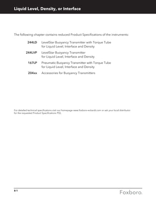Liquid Level, Density, or Interface
For detailed technical specifications visit our homepage www.foxboro-eckardt.com or ask your local distributor
for the requested Product Specifications PSS.
The following chapter contains reduced Product Specifications of the instruments:
	 244LD	 LevelStar Buoyancy Transmitter with Torque Tube
		 for Liquid Level, Interface and Density
	 244LVP	LevelStar Buoyancy Transmitter							
		 for Liquid Level, Interface and Density
	 167LP	Pneumatic Buoyancy Transmitter with Torque Tube
for Liquid Level, Interface and Density
	 204xx	 Accessories for Buoyancy Transmitters
Liquid Level, Density, or Interface
8-1
 