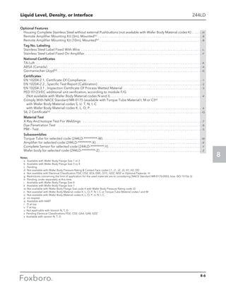 Liquid Level, Density, or Interface
8
Optional Features
Housing Complete Stainless Steel without external Pushbuttons (not available with Wafer Body Material codes K) . . .. . . . -H
Remote Amplifier Mounting Kit (3m), Mounted(e) . . . . . . . . . . . . . . . . . . . . . . . . . . . . . . . . . . . . . . . . . . . . . . . . . . . . . . . . . . . . . . -R
Remote Amplifier Mounting Kit (10m), Mounted(e). . . . . . . . . . . . . . . . . . . . . . . . . . . . . . . . . . . . . . . . . . . . . . . . . . . . . . . . . . . . . -B
Tag No. Labeling
Stainless Steel Label Fixed With Wire . . . . . . . . . . . . . . . . . . . . . . . . . . . . . . . . . . . . . . . . . . . . . . . . . . . . . . . . . . . . . . . . . . . . . . . . -L
Stainless Steel Label Fixed On Amplifier. . . . . . . . . . . . . . . . . . . . . . . . . . . . . . . . . . . . . . . . . . . . . . . . . . . . . . . . . . . . . . . . . . . . . . -F
National Certificates
TA-Luft. . . . . . . . . . . . . . . . . . . . . . . . . . . . . . . . . . . . . . . . . . . . . . . . . . . . . . . . . . . . . . . . . . . . . . . . . . . . . . . . . . . . . . . . . . . . . . . . . . . -K
ABSA (Canada). . . . . . . . . . . . . . . . . . . . . . . . . . . . . . . . . . . . . . . . . . . . . . . . . . . . . . . . . . . . . . . . . . . . . . . . . . . . . . . . . . . . . . . . . . . . -A
Germanischer Lloyd(q). . . . . . . . . . . . . . . . . . . . . . . . . . . . . . . . . . . . . . . . . . . . . . . . . . . . . . . . . . . . . . . . . . . . . . . . . . . . . . . . . . . . . . -G
Certificates
EN 10204-2.1, Certificate Of Compliance. . . . . . . . . . . . . . . . . . . . . . . . . . . . . . . . . . . . . . . . . . . . . . . . . . . . . . . . . . . . . . . . . . . . . -1
EN 10204-2.2 , Specific Test Report (Calibration). . . . . . . . . . . . . . . . . . . . . . . . . . . . . . . . . . . . . . . . . . . . . . . . . . . . . . . . . . . . . . -2
EN 10204-3.1 , Inspection Certificate Of Process Wetted Material . . . . . . . . . . . . . . . . . . . . . . . . . . . . . . . . . . . . . . . . . . . . . . . -3
PED 97/23/EC additional unit verification, according to module F/G
(Not available with Wafer Body Material codes N and I). . . . . . . . . . . . . . . . . . . . . . . . . . . . . . . . . . . . . . . . . . . . . . . . . . . . . . . -4
Comply With NACE Standard MR-0175 (available with Torque Tube Material I, M or C)(g)
with Wafer Body Material codes S, U, T, N, I, C
with Wafer Body Material codes K, L, O, P. . . . . . . . . . . . . . . . . . . . . . . . . . . . . . . . . . . . . . . . . . . . . . . . . . . . . . . . . . . . . . . . . . . -6
SIL 2 Certificate(q). . . . . . . . . . . . . . . . . . . . . . . . . . . . . . . . . . . . . . . . . . . . . . . . . . . . . . . . . . . . . . . . . . . . . . . . . . . . . . . . . . . . . . . . .  -Q
Material Test
X-Ray And Isotope Test For Weldings . . . . . . . . . . . . . . . . . . . . . . . . . . . . . . . . . . . . . . . . . . . . . . . . . . . . . . . . . . . . . . . . . . . . . . . -7
Dye Penetration Test . . . . . . . . . . . . . . . . . . . . . . . . . . . . . . . . . . . . . . . . . . . . . . . . . . . . . . . . . . . . . . . . . . . . . . . . . . . . . . . . . . . . . . -8
PMI - Test. . . . . . . . . . . . . . . . . . . . . . . . . . . . . . . . . . . . . . . . . . . . . . . . . . . . . . . . . . . . . . . . . . . . . . . . . . . . . . . . . . . . . . . . . . . . . . . . . -5
Subassemblies
Torque Tube for selected code (244LD-*********-W). . . . . . . . . . . . . . . . . . . . . . . . . . . . . . . . . . . . . . . . . . . . . . . . . . . . . . . . . .  -W
Amplifier for selected code (244LD-*********-X). . . . . . . . . . . . . . . . . . . . . . . . . . . . . . . . . . . . . . . . . . . . . . . . . . . . . . . . . . . . . . . -X
Complete Sensor for selected code (244LD-*********-Y). . . . . . . . . . . . . . . . . . . . . . . . . . . . . . . . . . . . . . . . . . . . . . . . . . . . . . . . -Y
Wafer body for selected code (244LD-*********-Z). . . . . . . . . . . . . . . . . . . . . . . . . . . . . . . . . . . . . . . . . . . . . . . . . . . . . . . . . . . . . -Z
Notes
	 a	 Available with Wafer Body Flange Size 1 or 2
	 b	 Available with Wafer Body Flange Size 3 or 4
	 c	Pending
	 d	 Not available with Wafer Body Pressure Rating  Contact Face codes L1, J1, J2, J3, H1, H2, DD
	 e	 Not available with Electrical Classification FDZ, CDZ, 0C6, D0C, D1C, GDZ, NDZ or Optional Features -H
	 g	 Restrictions concerning the limit of application for the used materials are to considering (NACE Standard MR-0175/2003, bzw. ISO 15156-3)
	 h	 Pending, order separately at this time.
	 i	 Available with Wafer Body Flange Size 0
	 k	 Available with Wafer Body Flange Size 1
	 m	Not available with Wafer Body Flange Size code 4 with Wafer Body Pressure Rating code J3
	 n	 Not availabel with Wafer Body Material codes K, L, O, P, N, I, C or Torque Tube Material codes I and M
	 o	 Not available with Wafer Body Material codes K, L, O, P, U, N, I, C
	 p	 on request
	 q	 Available with HART
	 r	 D at top
	 s	 F at top
	 u Not applicable with Version N, T, D
	 v Pending Electrical Classifications FDZ, CDZ, GA4, GA8, GDZ
	 x Available with version N, T, D
244LD
8-6
 