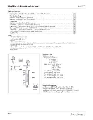 Liquid Level, Density, or Interface 244LVP
Optional Features
Housing Complete Stainless Steel Without External Push buttons. . . . . . . . . . . . . . . . . . . . . . . . . . . . . . . . . . -H
Tag No. Labeling
Stainless Steel Label Fixed With Wire . . . . . . . . . . . . . . . . . . . . . . . . . . . . . . . . . . . . . . . . . . . . . . . . . . . . . . . . . .  -L
Stainless Steel Label Fixed On Amplifier. . . . . . . . . . . . . . . . . . . . . . . . . . . . . . . . . . . . . . . . . . . . . . . . . . . . . . . . -F
Certificates
EN 10204-2.1, Certificate Of Compliance. . . . . . . . . . . . . . . . . . . . . . . . . . . . . . . . . . . . . . . . . . . . . . . . . . . . . . . -1
EN 10204-2.2, Specific Test Report (Calibration). . . . . . . . . . . . . . . . . . . . . . . . . . . . . . . . . . . . . . . . . . . . . . . . . -2
EN 10204-3.1, Inspection Certificate Of Process Wetted Metallic Material . . . . . . . . . . . . . . . . . . . . . . . . . . -3
Comply With NACE Standard MR-01-75(e)(f). . . . . . . . . . . . . . . . . . . . . . . . . . . . . . . . . . . . . . . . . . . . . . . . . . . . . -6
EN 10204-3.1, Inspection Certificate Of Process Wetted Material
	 with Copy of Original individual Material certificate. . . . . . . . . . . . . . . . . . . . . . . . . . . . . . . . . . . . . . . . . . . . . -9
SIL 2 Certificate. . . . . . . . . . . . . . . . . . . . . . . . . . . . . . . . . . . . . . . . . . . . . . . . . . . . . . . . . . . . . . . . . . . . . . . . . . . . . . -Q
Notes
	 a	 Available with Flange Size 5 or 8
	 b	 Available with Flange Size 2 or 3
	 c	 Available with Flange Size 3
	 d	Pending
	 e	 Only with Sensor Material N
	 f	Restrictions concerning the limit of application for the used materials are considerable (NACE Standard MR-0175/2003, or ISO 15156-3)
	 g	 Not with Electrical Classification 0B4 and 0C4
	 h	 On request
	 i	 Only with Electrical Classification 1 C4, 1C6, D1B, D1C, 2C4, GA1, GA2, GD1, NA6, NDZ, BA6, BDZ, ZZZ
	 k	 Pending for Version N 1C6, 1B6
	 m	Only Version B
Overview Accessories
For Displacer 204DE, Displacer Chamber 204DC,
Flange combination 204FK, Flange Kit 204BCF
see 204xx, or Product Specifications PSS EML0901 A-(en),
204.. Accessories for Buoyancy Transmitter.
Required Tags
Calibrated Range
	 Ranges:	0 to 100% or
		 0 to 2kg or
		 0 to 19.6N or
		 0 to 2 kgf
	 Span Limits:	10 to 100% or
			 0.2 to 2 kg or
			 2 to 19.6 N or
			 0.2 to 2 kgf
	 Lower Density: user input
	 Upper Density: user input
	 Tag No. Labeling S: user input
	 Tag No. Labeling L: user input
	 Tag No. Labeling F: user input
8-9
 