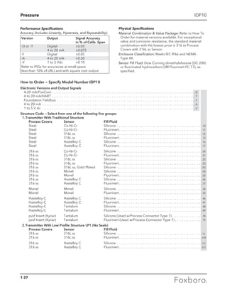 Pressure
1-27
IDP10
How to Order — Specify Model Number IDP10
Electronic Versions and Output Signals
4-20 mA/FoxCom  . . . . . . . . . . . . . . . . . . . . . . . . . . . . . . . . . . . . . . . . . . . . . . . . . . . . . . . . . . . . . . . . . . . . . . . . . . . . . . . . . . . D
4 to 20 mA/HART . . . . . . . . . . . . . . . . . . . . . . . . . . . . . . . . . . . . . . . . . . . . . . . . . . . . . . . . . . . . . . . . . . . . . . . . . . . . . . . . . . . .  T
Foundation Fieldbus . . . . . . . . . . . . . . . . . . . . . . . . . . . . . . . . . . . . . . . . . . . . . . . . . . . . . . . . . . . . . . . . . . . . . . . . . . . . . . . . .  F
4 to 20 mA . . . . . . . . . . . . . . . . . . . . . . . . . . . . . . . . . . . . . . . . . . . . . . . . . . . . . . . . . . . . . . . . . . . . . . . . . . . . . . . . . . . . . . . . . .  A
1 to 5 V dc . . . . . . . . . . . . . . . . . . . . . . . . . . . . . . . . . . . . . . . . . . . . . . . . . . . . . . . . . . . . . . . . . . . . . . . . . . . . . . . . . . . . . . . . . .  V
Structure Code — Select from one of the following five groups:
	 1.	Transmitter With Traditional Structure
			 Process Covers	 Sensor 	 Fill Fluid
			Steel	 Co-Ni-Cr	 Silicone . . . . . . . . . . . . . . . . . . . . . . . . . . . . . . . . . . . . . . . . . . . . . . . . . .  10
			Steel	 Co-Ni-Cr	 Fluorinert. . . . . . . . . . . . . . . . . . . . . . . . . . . . . . . . . . . . . . . . . . . . . . . . .  11
			Steel	 316L ss	 Silicone . . . . . . . . . . . . . . . . . . . . . . . . . . . . . . . . . . . . . . . . . . . . . . . . . .  12
			Steel	 316L ss	 Fluorinert. . . . . . . . . . . . . . . . . . . . . . . . . . . . . . . . . . . . . . . . . . . . . . . . .  13
			 Steel	 Hastelloy C 	 Silicone . . . . . . . . . . . . . . . . . . . . . . . . . . . . . . . . . . . . . . . . . . . . . . . . . .  16
			Steel	 Hastelloy C	 Fluorinert. . . . . . . . . . . . . . . . . . . . . . . . . . . . . . . . . . . . . . . . . . . . . . . . .  17
			316 ss	 Co-Ni-Cr	 Silicone . . . . . . . . . . . . . . . . . . . . . . . . . . . . . . . . . . . . . . . . . . . . . . . . . .  20
			316 ss	 Co-Ni-Cr	 Fluorinert. . . . . . . . . . . . . . . . . . . . . . . . . . . . . . . . . . . . . . . . . . . . . . . . .  21
			 316 ss	 316L ss	 Silicone . . . . . . . . . . . . . . . . . . . . . . . . . . . . . . . . . . . . . . . . . . . . . . . . . .  22
			 316 ss	 316L ss	 Fluorinert. . . . . . . . . . . . . . . . . . . . . . . . . . . . . . . . . . . . . . . . . . . . . . . . .  23
			 316 ss	 316L ss, Gold Plated	 Silicone . . . . . . . . . . . . . . . . . . . . . . . . . . . . . . . . . . . . . . . . . . . . . . . . . .  2G
			316 ss	 Monel	 Silicone . . . . . . . . . . . . . . . . . . . . . . . . . . . . . . . . . . . . . . . . . . . . . . . . . .  24
			316 ss	 Monel	 Fluorinert. . . . . . . . . . . . . . . . . . . . . . . . . . . . . . . . . . . . . . . . . . . . . . . . .  25
			 316 ss	 Hastelloy C	 Silicone . . . . . . . . . . . . . . . . . . . . . . . . . . . . . . . . . . . . . . . . . . . . . . . . . .  26
			 316 ss	 Hastelloy C	 Fluorinert. . . . . . . . . . . . . . . . . . . . . . . . . . . . . . . . . . . . . . . . . . . . . . . . .  27
			Monel	 Monel	 Silicone . . . . . . . . . . . . . . . . . . . . . . . . . . . . . . . . . . . . . . . . . . . . . . . . . .  34
			Monel	 Monel	 Fluorinert. . . . . . . . . . . . . . . . . . . . . . . . . . . . . . . . . . . . . . . . . . . . . . . . .  35
			 Hastelloy C	 Hastelloy C	 Silicone . . . . . . . . . . . . . . . . . . . . . . . . . . . . . . . . . . . . . . . . . . . . . . . . . .  46
			 Hastelloy C	 Hastelloy C	 Fluorinert. . . . . . . . . . . . . . . . . . . . . . . . . . . . . . . . . . . . . . . . . . . . . . . . .  47
			Hastelloy C	 Tantalum	 Silicone . . . . . . . . . . . . . . . . . . . . . . . . . . . . . . . . . . . . . . . . . . . . . . . . . .  48
			Hastelloy C	 Tantalum	 Fluorinert. . . . . . . . . . . . . . . . . . . . . . . . . . . . . . . . . . . . . . . . . . . . . . . . .  49
			 pvsf Insert (Kynar)	 Tantalum	 Silicone (Used w/Process Connector Type 7). . . . . . . . . . . . . . . . . .  78
			 pvsf Insert (Kynar)	 Tantalum	 Fluorinert (Used w/Process Connector Type 7). . . . . . . . . . . . . . . .  79
	 2.	Transmitter With Low Profile Structure LP1 (No Seals)
			 Process Covers	 Sensor 	 Fill Fluid
			 316 ss	 316L ss	 Silicone . . . . . . . . . . . . . . . . . . . . . . . . . . . . . . . . . . . . . . . . . . . . . . . . . . . LL
			 316 ss	 316L ss	 Fluorinert. . . . . . . . . . . . . . . . . . . . . . . . . . . . . . . . . . . . . . . . . . . . . . . . . LM
			 316 ss	 Hastelloy C	 Silicone . . . . . . . . . . . . . . . . . . . . . . . . . . . . . . . . . . . . . . . . . . . . . . . . . .  LC
			 316 ss	 Hastelloy C	 Fluorinert. . . . . . . . . . . . . . . . . . . . . . . . . . . . . . . . . . . . . . . . . . . . . . . . .  LD
Performance Specifications
Accuracy (Includes Linearity, Hysteresis, and Repeatability):
	Version 	 Output 	Signal Accuracy
in % of Calib. Span
	-D or -T 	Digital 	 ±0.05
4 to 20 mA 	 ±0.075
	-F 	 Digital 	 ±0.05
	-A 	 4 to 20 mA 	 ±0.20
	-V 	 1 to 5 Vdc 	 ±0.10
	Refer to PSSs for accuracies at small spans
(less than 10% of URL) and with square root output
Physical Specifications
Material Combination  Value Package: Refer to How To
Order for material versions available. For exceptional
value and corrosion resistance, the standard material
combination with the lowest price is 316 ss Process
Covers with 316L ss Sensor.
Enclosure Classification: Meets IEC IP66 and NEMA
Type 4X.
Sensor Fill Fluid: Dow Corning dimethylsiloxane (DC 200)
or fluorinated hydrocarbon (3M Fluorinert FC 77), as
specified.
 