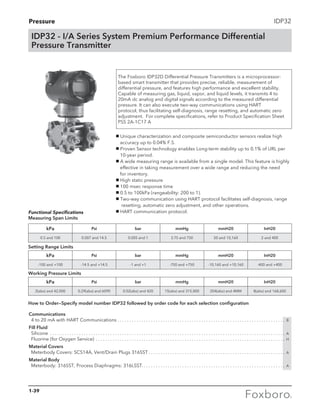 Pressure IDP32
The Foxboro IDP32D Differential Pressure Transmitters is a microprocessor-
based smart transmitter that provides precise, reliable, measurement of
differential pressure, and features high performance and excellent stability.
Capable of measuring gas, liquid, vapor, and liquid levels, it transmits 4 to
20mA dc analog and digital signals according to the measured differential
pressure. It can also execute two-way communications using HART
protocol, thus facilitating self-diagnosis, range resetting, and automatic zero
adjustment. For complete specifications, refer to Product Specification Sheet
PSS 2A-1C17 A
IDP32 - I/A Series System Premium Performance Differential
Pressure Transmitter
g Unique characterization and composite semiconductor sensors realize high 	
accuracy up to 0.04% F.S.
g Proven Sensor technology enables Long-term stability up to 0.1% of URL per 	
10-year period.
g A wide measuring range is available from a single model. This feature is highly 	
effective in taking measurement over a wide range and reducing the need 	
for inventory.
g High static pressure
g 100 msec response time
g 0.5 to 100kPa (rangeability: 200 to 1).
g Two-way communication using HART protocol facilitates self-diagnosis, range 	
resetting, automatic zero adjustment, and other operations.
g HART communication protocol.
kPa Psi bar mmHg mmH20 InH20
0.5 and 100 0.007 and 14.5 0.005 and 1 3.75 and 750 50 and 10,160 2 and 400
kPa Psi bar mmHg mmH20 InH20
-100 and +100 -14.5 and +14.5 -1 and +1 -750 and +750 -10,160 and +10,160 -400 and +400
kPa Psi bar mmHg mmH20 InH20
2(abs) and 42,000 0.29(abs) and 6090 0.02(abs) and 420 15(abs) and 315,000 204(abs) and 4MM 8(abs) and 168,600
Functional Specifications
Measuring Span Limits
Setting Range Limits
Working Pressure Limits
Communications
	 4 to 20 mA with HART Communications. . . . . . . . . . . . . . . . . . . . . . . . . . . . . . . . . . . . . . . . . . . . . . . . . . . . . . . . . . . . . . . . . . . . . . . B
Fill Fluid
	 Silicone . . . . . . . . . . . . . . . . . . . . . . . . . . . . . . . . . . . . . . . . . . . . . . . . . . . . . . . . . . . . . . . . . . . . . . . . . . . . . . . . . . . . . . . . . . . . . . . . . . . A
	 Fluorine (for Oxygen Service) . . . . . . . . . . . . . . . . . . . . . . . . . . . . . . . . . . . . . . . . . . . . . . . . . . . . . . . . . . . . . . . . . . . . . . . . . . . . . . . . H
Material Covers
	 Meterbody Covers: SCS14A, Vent/Drain Plugs 316SST. . . . . . . . . . . . . . . . . . . . . . . . . . . . . . . . . . . . . . . . . . . . . . . . . . . . . . . . . . A
Material Body
	 Meterbody: 316SST, Process Diaphragms: 316LSST.. . . . . . . . . . . . . . . . . . . . . . . . . . . . . . . . . . . . . . . . . . . . . . . . . . . . . . . . . . . . A
How to Order—Specify model number IDP32 followed by order code for each selection configuration
1-39
 