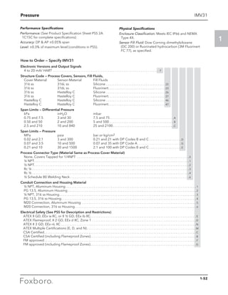 Pressure
1
IMV31
How to Order — Specify IMV31
Electronic Versions and Output Signals
4 to 20 mA/ HART. . . . . . . . . . . . . . . . . . . . . . . . . . . . . . . . . . . . . . . . . . . . . . . . . . . . . .. . . . . . . . . -T
Structure Code — Process Covers, Sensors, Fill Fluids,
Cover Material	 Sensor-Material	 Fill Fluids
316 ss	 316L ss	 Silicone. . . . . . . . . . . . . . . . . . . . . . . . . . . .. . . . . . . . 22
316 ss	 316L ss	 Fluorinert. . . . . . . . . . . . . . . . . . . . . . . . . . .. . . . . . . . 23
316 ss	 Hastelloy C	 Silicone. . . . . . . . . . . . . . . . . . . . . . . . . . . .. . . . . . . . 26
316 ss	 Hastelloy C	 Fluorinert. . . . . . . . . . . . . . . . . . . . . . . . . . .. . . . . . . . 27
Hastelloy C	 Hastelloy C	 Silicone. . . . . . . . . . . . . . . . . . . . . . . . . . . .. . . . . . . . 46
Hastelloy C	 Hastelloy C	 Fluorinert. . . . . . . . . . . . . . . . . . . . . . . . . . .. . . . . . . . 47
Span Limits — Differential Pressure
kPa	inH2O	mbar
0.75 and 7.5	 3 and 30	 7.5 and 75. . . . . . . . . . . . . . . . . . . . . . . . . . . . . . . . . . . . . .. . . . . . . . . . . .A
0.50 and 50	 2 and 200	 5 and 500. . . . . . . . . . . . . . . . . . . . . . . . . .. . . . . . . . . . . . . B
2.5 and 210	 10 and 840	 25 and 2100. . . . . . . . . . . . . . . . . . . . . . . .. . . . . . . . . . . . . C
Span Limits — Pressure
MPa	 psia	 bar or kg/cm2
0.02 and 2.1	 3 and 300	 0.21 and 21 with DP Codes B and C. . . . . . . . . . . . . . . . . . . D
0.07 and 3.5	 10 and 500	 0.07 and 35 with DP Code A. . . . . . . . . . . . . . . . . . . . . . . . . . . . . . . . . G
0.21 and 10	 30 and 1500	 2.1 and 100 with DP Codes B and C. . . . . . . . . . . . . . . . . . . E
Process Connector Type (Material Same as Process Cover Material)
None, Covers Tapped for 1/4NPT . . . . . . . . . . . . . . . . . . . . . . . . . . . . . . . . . . . . . . . . . . . . .. . . . . . . . . . . . . . . . . . .. . . . 0
¼ NPT. . . . . . . . . . . . . . . . . . . . . . . . . . . . . . . . . . . . . . . . . . . . . . . . . . . . . . . . . . . . . . . . . . . . . .. . . . . . . . . . . . . . . . . . .. . . . 1
½ NPT. . . . . . . . . . . . . . . . . . . . . . . . . . . . . . . . . . . . . . . . . . . . . . . . . . . . . . . . . . . . . . . . . . . . . .. . . . . . . . . . . . . . . . . . .. . . . 2
Rc ¼. . . . . . . . . . . . . . . . . . . . . . . . . . . . . . . . . . . . . . . . . . . . . . . . . . . . . . . . . . . . . . . . . . . . . . .. . . . . . . . . . . . . . . . . . .. . . . 3
Rc ½. . . . . . . . . . . . . . . . . . . . . . . . . . . . . . . . . . . . . . . . . . . . . . . . . . . . . . . . . . . . . . . . . . . . . . .. . . . . . . . . . . . . . . . . . .. . . . 4
½ Schedule 80 Welding Neck. . . . . . . . . . . . . . . . . . . . . . . . . . . . . . . . . . . . . . . . . . . . . . . . .. . . . . . . . . . . . . . . . . . .. . . . 6
Conduit Connection and Housing Material
	 ½ NPT, Aluminum Housing . . . . . . . . . . . . . . . . . . . . . . . . . . . . . . . . . . . . . . . . . . . . . . . . . . . . . . . . . . . . . . . . . . . . . . . . . . . .  1
	 PG 13.5, Aluminum Housing. . . . . . . . . . . . . . . . . . . . . . . . . . . . . . . . . . . . . . . . . . . . . . . . . . . . . . . . . . . . . . . . . . . . . . . . . . .  2
	 ½ NPT, 316 ss Housing. . . . . . . . . . . . . . . . . . . . . . . . . . . . . . . . . . . . . . . . . . . . . . . . . . . . . . . . . . . . . . . . . . . . . . . . . . . . . . . .  3
	 PG 13.5, 316 ss Housing. . . . . . . . . . . . . . . . . . . . . . . . . . . . . . . . . . . . . . . . . . . . . . . . . . . . . . . . . . . . . . . . . . . . . . . . . . . . . . .  4
	 M20 Connection, Aluminum Housing. . . . . . . . . . . . . . . . . . . . . . . . . . . . . . . . . . . . . . . . . . . . . . . . . . . . . . . . . . . . . . . . . . .  5
	 M20 Connection, 316 ss Housing. . . . . . . . . . . . . . . . . . . . . . . . . . . . . . . . . . . . . . . . . . . . . . . . . . . . . . . . . . . . . . . . . . . . . . .  6
Electrical Safety (See PSS for Description and Restrictions)
	 ATEX II GD, EEx ia IIC, or II ½ GD, EEx ib IIC. . . . . . . . . . . . . . . . . . . . . . . . . . . . . . . . . . . . . . . . . . . . . . . . . . . . . . . . . . . . . .  E
	 ATEX Flameproof; II 2 GD, EEx d IIC, Zone 1. . . . . . . . . . . . . . . . . . . . . . . . . . . . . . . . . . . . . . . . . . . . . . . . . . . . . . . . . . . . . D
	 ATEX II 3 GD, EEx nL IIC. . . . . . . . . . . . . . . . . . . . . . . . . . . . . . . . . . . . . . . . . . . . . . . . . . . . . . . . . . . . . . . . . . . . . . . . . . . . . . . N
	 ATEX Multiple Certifications (E, D, and N). . . . . . . . . . . . . . . . . . . . . . . . . . . . . . . . . . . . . . . . . . . . . . . . . . . . . . . . . . . . . . . . M
	 CSA Certified. . . . . . . . . . . . . . . . . . . . . . . . . . . . . . . . . . . . . . . . . . . . . . . . . . . . . . . . . . . . . . . . . . . . . . . . . . . . . . . . . . . . . . . . .  C
	 CSA Certified (including Flameproof Zones). . . . . . . . . . . . . . . . . . . . . . . . . . . . . . . . . . . . . . . . . . . . . . . . . . . . . . . . . . . . . .  B
	 FM approved. . . . . . . . . . . . . . . . . . . . . . . . . . . . . . . . . . . . . . . . . . . . . . . . . . . . . . . . . . . . . . . . . . . . . . . . . . . . . . . . . . . . . . . . .  F
	 FM approved (including Flameproof Zones). . . . . . . . . . . . . . . . . . . . . . . . . . . . . . . . . . . . . . . . . . . . . . . . . . . . . . . . . . . . . . G
Performance Specifications
Performance: (See Product Specification Sheet PSS 2A
1C15C for complete specifications).
Accuracy: DP  AP ±0.05% span
Level: ±0.3% of maximum level (conditions in PSS).
Physical Specifications
Enclosure Classification: Meets IEC IP66 and NEMA
Type 4X.
Sensor Fill Fluid: Dow Corning dimethylsiloxane
(DC 200) or fluorinated hydrocarbon (3M Fluorinert
FC 77), as specified.
1-52
 