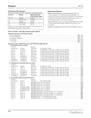 Pressure
1-3
Physical Specifications
Material Combinations and Value Package: Refer to
“How to Order” for material versions available. For
exceptional value and corrosion resistance, the standard
material combination with the lowest price is 316L ss
Process Connection with 316L ss Sensor.
Sensor Fill Fluid: Dow Corning dimethylsiloxane (DC 200)
or fluorinated hydrocarbon (3M Fluorinert FC77), as
specified.
Enclosure Classification: Meets IEC IP66  NEMA Type 4X.
Performance Specifications
Accuracy (Includes Linearity, Hysteresis, and Repeatability):
	Version 	 Output 	Signal Accuracy
in % of Calib. Span
	-D or T 	 Digital 	 ±0.05
		 4 to 20 mA 	 ±0.075
	-F 	 Digital 	 ±0.05
	-A 	 4 to 20 mA 	 ±0.20
	-V 	 1 to 5 Vdc 	 ±0.10
Refer to Product Specification Sheets for accuracies at
small spans (less than 10% of URL).
IAP10
How to Order — Specify model number IAP10
Electronic Versions and Output Signals
4-20 mA/FoxCom  . . . . . . . . . . . . . . . . . . . . . . . . . . . . . . . . . . . . . . . . . . . . . . . . . . . . . . . . . . . . . . . . . . . . . . . . . . . . . . . . . . . D
4 to 20 mA/HART . . . . . . . . . . . . . . . . . . . . . . . . . . . . . . . . . . . . . . . . . . . . . . . . . . . . . . . . . . . . . . . . . . . . . . . . . . . . . . . . . . . .  T
Foundation Fieldbus . . . . . . . . . . . . . . . . . . . . . . . . . . . . . . . . . . . . . . . . . . . . . . . . . . . . . . . . . . . . . . . . . . . . . . . . . . . . . . . . .  F
4 to 20 mA . . . . . . . . . . . . . . . . . . . . . . . . . . . . . . . . . . . . . . . . . . . . . . . . . . . . . . . . . . . . . . . . . . . . . . . . . . . . . . . . . . . . . . . . . .  A
1 to 5 V dc . . . . . . . . . . . . . . . . . . . . . . . . . . . . . . . . . . . . . . . . . . . . . . . . . . . . . . . . . . . . . . . . . . . . . . . . . . . . . . . . . . . . . . . . . .  V
Structure Code — Select from one of the following eight groups:
	 1.	Transmitter Only (no seals)
		Process 		 Sensor
		 Connection	 Sensor	 Fill Fluid	 Connection Type
		 316L ss	 Co-Ni-Cr	 Silicone	 ½ NPT External Thread, ¼ NPT Internal Thread. . . . . . . . . . . . . . . . . .  20
		 316L ss	 Co-Ni-Cr	 Fluorinert	 ½ NPT External Thread, ¼ NPT Internal Thread. . . . . . . . . . . . . . . . . .  21
		 316L ss	 316L ss	 Silicone	 ½ NPT External Thread, ¼ NPT Internal Thread. . . . . . . . . . . . . . . . . .  22
		 316L ss	 316L ss	 Fluorinert	 ½ NPT External Thread, ¼ NPT Internal Thread. . . . . . . . . . . . . . . . . .  23
		 316L ss 	 Hastelloy C	 Silicone	 ½ NPT External Thread, ¼ NPT Internal Thread. . . . . . . . . . . . . . . . . .  30
		 316L ss	 Hastelloy C	 Fluorinert	 ½ NPT External Thread, ¼ NPT Internal Thread. . . . . . . . . . . . . . . . . .  31
		 Hastelloy C	 Hastelloy C	 Silicone	 ½ NPT External Thread, ¼ NPT Internal Thread. . . . . . . . . . . . . . . . . .  32
		 Hastelloy C	 Hastelloy C	 Fluorinert	 ½ NPT External Thread, ¼ NPT Internal Thread. . . . . . . . . . . . . . . . . .  33
	 2.	Flameproof Transmitter Only (no seals)
		Process 		 Sensor
		 Connection	 Sensor	 Fill Fluid	 Connection Type
316L ss	 316L ss	 Silicone	 ½ NPT External Thread, ¼ NPT Internal Thread. . . . . . . . . . . . . . . . . .  52
316L ss	 316L ss	 Fluorinert	 ½ NPT External Thread, ¼ NPT Internal Thread. . . . . . . . . . . . . . . . . .  53
316L ss	 Hastelloy C	 Silicone	 ½ NPT External Thread, ¼ NPT Internal Thread. . . . . . . . . . . . . . . . . .  60
316L ss	 Hastelloy C	 Fluorinert	 ½ NPT External Thread, ¼ NPT Internal Thread. . . . . . . . . . . . . . . . . .  61
Hastelloy C	 Hastelloy C	 Silicone	 ½ NPT External Thread, ¼ NPT Internal Thread. . . . . . . . . . . . . . . . . .  62
Hastelloy C	 Hastelloy C	 Fluorinert	 ½ NPT External Thread, ¼ NPT Internal Thread. . . . . . . . . . . . . . . . . .  63
	 3.	Transmitter with Sanitary Connection(1)
		Process 		 Sensor
		 Connection	 Sensor	 Fill Fluid	 Connection Type
		 316L ss	 316L ss	 NEOBEE M-20	1.5 in Tri-Clamp. . . . . . . . . . . . . . . . . . . . . . . . . . . . . . . . . . . . . . . . . . . . .  TA
		 316L ss	 316L ss	 NEOBEE M-20	2.0 in Tri-Clamp. . . . . . . . . . . . . . . . . . . . . . . . . . . . . . . . . . . . . . . . . . . . .  T2
		 316L ss	 316L ss	 NEOBEE M-20	3.0 in Tri-Clamp. . . . . . . . . . . . . . . . . . . . . . . . . . . . . . . . . . . . . . . . . . . . .  T3
		 316L ss	 Hastelloy C276	 NEOBEE M-20	1.5 in Tri-Clamp. . . . . . . . . . . . . . . . . . . . . . . . . . . . . . . . . . . . . . . . . . . . .  TB
		 316L ss	 Hastelloy C276	 NEOBEE M-20	2.0 in Tri-Clamp. . . . . . . . . . . . . . . . . . . . . . . . . . . . . . . . . . . . . . . . . . . . .  T4
		 316L ss	 Hastelloy C276	 NEOBEE M-20	3.0 in Tri-Clamp. . . . . . . . . . . . . . . . . . . . . . . . . . . . . . . . . . . . . . . . . . . . .  T5
		 316L ss	 316L ss	 NEOBEE M-20	Mini Tank Spud Type, 1½ in extension . . . . . . . . . . . . . . . . . . . . . . . . . M1
		 316L ss	 316L ss	 NEOBEE M-20	Mini Tank Spud Type, 6 in extension. . . . . . . . . . . . . . . . . . . . . . . . . . . M6
		 316L ss	 316L ss	 NEOBEE M-20	Mini Tank Spud Type, 9 in extension. . . . . . . . . . . . . . . . . . . . . . . . . . . M9
		 316L ss	 316L ss	 NEOBEE M-20	1 in Threaded Spud Type. . . . . . . . . . . . . . . . . . . . . . . . . . . . . . . . . . . . .  PX
		 316L ss	 316L ss	 NEOBEE M-20	1.5 in Threaded Spud Type. . . . . . . . . . . . . . . . . . . . . . . . . . . . . . . . . . .  PZ
	
 