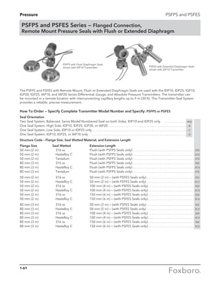 Pressure PSFPS and PSFES
The PSFPS and PSFES with Remote Mount, Flush or Extended Diaphragm Seals are used with the IDP10, IDP25, IGP10,
IGP20, IGP25, IAP10, and IAP20 Series Differential, Gauge, and Absolute Pressure Transmitters. The transmitter can
be mounted in a remote location with interconnecting capillary lengths up to 9 m (30 ft). This Transmitter-Seal System
provides a reliable, precise measurement.
How To Order — Specify Complete Transmitter Model Number and Specify: PSFPS or PSFES
Seal Orientation
Two Seal System, Balanced, Same Model Numbered Seal on both Sides, IDP10 and IDP25 only . . . . . . . . . . . . . . -A(a)
One Seal System, High Side, IDP10, IDP25, IGP20, or IAP20 . . . . . . . . . . . . . . . . . . . . . . . . . . . . . . . . . . . . . . . . . . . . . . . . . -B
One Seal System, Low Side, IDP10 or IDP25 only. . . . . . . . . . . . . . . . . . . . . . . . . . . . . . . . . . . . . . . . . . . . . . . . . . . . . . . . . .  -C
One Seal System, IGP10, IGP25, or IAP10 only. . . . . . . . . . . . . . . . . . . . . . . . . . . . . . . . . . . . . . . . . . . . . . . . . . . . . . . . . . . .  -D
Structure Code – Flange Size, Seal Wetted Material, and Extension Length
Flange Size	 Seal Wetted	 Extension Length
50 mm (2 in)	 316 ss	 Flush (with PSFPS Seals only) . . . . . . . . . . . . . . . . . . . . . . . . . . . . . . . . . . . . . . 2S0
50 mm (2 in)	 Hastelloy C	 Flush (with PSFPS Seals only) . . . . . . . . . . . . . . . . . . . . . . . . . . . . . . . . . . . . . . 2C0
50 mm (2 in)	 Tantalum	 Flush (with PSFPS Seals only) . . . . . . . . . . . . . . . . . . . . . . . . . . . . . . . . . . . . . . 2T0
80 mm (3 in)	 316 ss	 Flush (with PSFPS Seals only) . . . . . . . . . . . . . . . . . . . . . . . . . . . . . . . . . . . . . . 3S0
80 mm (3 in)	 Hastelloy C 	 Flush (with PSFPS Seals only) . . . . . . . . . . . . . . . . . . . . . . . . . . . . . . . . . . . . . . 3C0
80 mm (3 in)	 Tantalum	 Flush (with PSFPS Seals only) . . . . . . . . . . . . . . . . . . . . . . . . . . . . . . . . . . . . . . 3T0
50 mm (2 in)	 316 ss	 50 mm (2 in) — (with PSFES Seals only). . . . . . . . . . . . . . . . . . . . . . . . . . . . . . 2S2
50 mm (2 in)	 Hastelloy C	 50 mm (2 in) — (with PSFES Seals only). . . . . . . . . . . . . . . . . . . . . . . . . . . . . . 2C2
50 mm (2 in)	 316 ss	 100 mm (4 in) — (with PSFES Seals only). . . . . . . . . . . . . . . . . . . . . . . . . . . . . 2S4
50 mm (2 in)	 Hastelloy C	 100 mm (4 in) — (with PSFES Seals only). . . . . . . . . . . . . . . . . . . . . . . . . . . . . 2C4
50 mm (2 in)	 316 ss 	 150 mm (6 in) — (with PSFES Seals only). . . . . . . . . . . . . . . . . . . . . . . . . . . . . 2S6
50 mm (2 in)	 Hastelloy C	 150 mm (6 in) — (with PSFES Seals only). . . . . . . . . . . . . . . . . . . . . . . . . . . . . 2C6
80 mm (3 in)	 316 ss	 50 mm (2 in) — (with PSFES Seals only). . . . . . . . . . . . . . . . . . . . . . . . . . . . . . 3S2
80 mm (3 in)	 Hastelloy C	 50 mm (2 in) — (with PSFES Seals only). . . . . . . . . . . . . . . . . . . . . . . . . . . . . . 3C2
80 mm (3 in)	 316 ss	 100 mm (4 in) — (with PSFES Seals only). . . . . . . . . . . . . . . . . . . . . . . . . . . . . 3S4
80 mm (3 in)	 Hastelloy C	 100 mm (4 in) — (with PSFES Seals only). . . . . . . . . . . . . . . . . . . . . . . . . . . . . 3C4
80 mm (3 in) 	 316 ss 	 150 mm (6 in) — (with PSFES Seals only). . . . . . . . . . . . . . . . . . . . . . . . . . . . . 3S6
80 mm (3 in) 	 Hastelloy C 	 150 mm (6 in) — (with PSFES Seals only). . . . . . . . . . . . . . . . . . . . . . . . . . . . . 3C6
PSFPS and PSFES Series — Flanged Connection,
Remote Mount Pressure Seals with Flush or Extended Diaphragm
PSFES with Extended Diaphragm Seals
shown with IDP10 Transmitter
PSFPS with Flush Diaphragm Seals
shown with IDP10 Transmitter
1-61
 