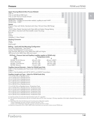 Pressure
1
PSFAR and PSFAD
Upper Housing Material (Non-Process Wetted)
316L ss. . . . . . . . . . . . . . . . . . . . . . . . . . . . . . . . . . . . . . . . . . . . . . . . . . . . . . . . . . . . . . . . . . . . . . S
316L ss with Monel 400 Insert. . . . . . . . . . . . . . . . . . . . . . . . . . . . . . . . . . . . . . . . . . . . . . . . . . M
316L ss with Titanium Grade 4 Insert. . . . . . . . . . . . . . . . . . . . . . . . . . . . . . . . . . . . . . . . . . . . E
Instrument Connection
PSFAR Only — Capillary-to-transmitter welded; capillary-to-seal ¼ NPT. . . . . . . . . . . . . . . . . . . . . . . 1
PSFAD Only — ½ NPT . . . . . . . . . . . . . . . . . . . . . . . . . . . . . . . . . . . . . . . . . . . . . . . . . . . . . . . . . . . . . . . . . . . 2
Gasket
Organic Fiber with Nitrile; Standard with Class 150 and Class 300 Flange
Rating. . . . . . . . . . . . . . . . . . . . . . . . . . . . . . . . . . . . . . . . . . . . . . . . . . . . . . . . . . . . . . . . . . . . . . . . . . . . . . . . S
316 ss, Silver Plated; Standard with Class 600 and Higher Flange Rating . . . . . . . . . . . . . . . . . . . . . 3
ptfe (Teflon); Standard with Nonmetallic Lower Housings. . . . . . . . . . . . . . . . . . . . . . . . . . . . . . . . . . . T
Buna N. . . . . . . . . . . . . . . . . . . . . . . . . . . . . . . . . . . . . . . . . . . . . . . . . . . . . . . . . . . . . . . . . . . . . . . . . . . . . . . B
Viton. . . . . . . . . . . . . . . . . . . . . . . . . . . . . . . . . . . . . . . . . . . . . . . . . . . . . . . . . . . . . . . . . . . . . . . . . . . . . . . . . V
Grafoil . . . . . . . . . . . . . . . . . . . . . . . . . . . . . . . . . . . . . . . . . . . . . . . . . . . . . . . . . . . . . . . . . . . . . . . . . . . . . . . G
Hastelloy C, Silver Plated. . . . . . . . . . . . . . . . . . . . . . . . . . . . . . . . . . . . . . . . . . . . . . . . . . . . . . . . . . . . . . . C
Flushing Connector
None. . . . . . . . . . . . . . . . . . . . . . . . . . . . . . . . . . . . . . . . . . . . . . . . . . . . . . . . . . . . . . . . . . . . . . . . . . . . . . . . . . . . . .A
¼ NPT. . . . . . . . . . . . . . . . . . . . . . . . . . . . . . . . . . . . . . . . . . . . . . . . . . . . . . . . . . . . . . . . . . . . . . . . . . . . . . . . . . . . .B
Dual ¼ NPT. . . . . . . . . . . . . . . . . . . . . . . . . . . . . . . . . . . . . . . . . . . . . . . . . . . . . . . . . . . . . . . . . . . . . . . . . . . . . . . .C
Bolting — Used with Stud Mounting Configuration
None/Not Applicable — See Note(c). . . . . . . . . . . . . . . . . . . . . . . . . . . . . . . . . . . . . . . . . . . . . . . . . . . . . . . . . . .. . . . . 0
Carbon Steel (Standard Construction). . . . . . . . . . . . . . . . . . . . . . . . . . . . . . . . . . . . . . . . . . . . . . . . . . . . . . . . .. . . . . C
High Strength 300 Series ss (for ANSI Class 600 and Higher . . . . . . . . . . . . . . . . . . . . . . . . . . . . . . . . . . . . .. . . . . H
300 Series ss (for ANSI Class 300 and Lower) . . . . . . . . . . . . . . . . . . . . . . . . . . . . . . . . . . . . . . . . . . . . . . . . . .. . . . . S
	 Fill Fluid — Pressure Seal and Capillary (capillary applies to PSFAR only)
	 Fill 	 Temperature Limits
	 Fluid	 ˚C 	 ˚F
	 DC200, 10 cSt Silicone	 -40 and +232	 -40 and +450(d). . . . . . . . . . . . . . . . . . . . . . . . . . . . . . . 1
	 FC77, Fluorinert	 -59 and +82	 -75 and +180. . . . . . . . . . . . . . . . . . . . . . . . . . . . . . . . 2
	 DC200, 3 cSt Silicone	 -40 and +149	 -40 and +300. . . . . . . . . . . . . . . . . . . . . . . . . . . . . . . . 3
	 DC704, Silicone	 -12 and +304	 10 and 580(d). . . . . . . . . . . . . . . . . . . . . . . . . . . . . . . . 4
Capillary Internal Diameter — Select for PSFAR Seals Only
0.027 in; Not Available with Fluid Code 4 (DC704 Silicone). . . . . . . . . . . . . . . . . . . . . . . . . . . . . . . . . . . . . .. . . . . . . . . . . . .  3
0.040 in. . . . . . . . . . . . . . . . . . . . . . . . . . . . . . . . . . . . . . . . . . . . . . . . . . . . . . . . . . . . . . . . . . . . . . . . . . . . . . . . . . .. . . . . . . . . . . . .  4
0.062 in; Not Available with IAP10, IGP10, and IGP25 Transmitters . . . . . . . . . . . . . . . . . . . . . . . . . . . . . . .. . . . . . . . . . . . .  6
Capillary Length and Type — Select for PSFAR Seals Only
1.5 m (5 ft) 316 ss Flexible Armor. . . . . . . . . . . . . . . . . . . . . . . . . . . . . . . . . . . . . . . . . . . . . . . . . . . . . . . . . . . . .. . . . . . . . . . . . . . . . . . A
3.0 m (10 ft) 316 ss Flexible Armor. . . . . . . . . . . . . . . . . . . . . . . . . . . . . . . . . . . . . . . . . . . . . . . . . . . . . . . . . . . .. . . . . . . . . . . . . . . . . . B
4.5 m (15 ft) 316 ss Flexible Armor. . . . . . . . . . . . . . . . . . . . . . . . . . . . . . . . . . . . . . . . . . . . . . . . . . . . . . . . . . . .. . . . . . . . . . . . . . . . . . C
6.0 m (20 ft) 316 ss Flexible Armor. . . . . . . . . . . . . . . . . . . . . . . . . . . . . . . . . . . . . . . . . . . . . . . . . . . . . . . . . . . .. . . . . . . . . . . . . . . . . . D
7.5 m (25 ft) 316 ss Flexible Armor. . . . . . . . . . . . . . . . . . . . . . . . . . . . . . . . . . . . . . . . . . . . . . . . . . . . . . . . . . . .. . . . . . . . . . . . . . . . . . E
9.0 m (30 ft) 316 ss Flexible Armor. . . . . . . . . . . . . . . . . . . . . . . . . . . . . . . . . . . . . . . . . . . . . . . . . . . . . . . . . . . .. . . . . . . . . . . . . . . . . . F
1.5 m (5 ft) 316 ss Flexible Armor, Protective Coat. . . . . . . . . . . . . . . . . . . . . . . . . . . . . . . . . . . . . . . . . . . . . .. . . . . . . . . . . . . . . . . . G
3.0 m (10 ft) 316 ss Flexible Armor, Protective Coat. . . . . . . . . . . . . . . . . . . . . . . . . . . . . . . . . . . . . . . . . . . . .. . . . . . . . . . . . . . . . . . H
4.5 m (15 ft) 316 ss Flexible Armor, Protective Coat. . . . . . . . . . . . . . . . . . . . . . . . . . . . . . . . . . . . . . . . . . . . .. . . . . . . . . . . . . . . . . . J
6.0 m (20 ft) 316 ss Flexible Armor, Protective Coat. . . . . . . . . . . . . . . . . . . . . . . . . . . . . . . . . . . . . . . . . . . . .. . . . . . . . . . . . . . . . . . K
7.5 m (25 ft) 316 ss Flexible Armor, Protective Coat. . . . . . . . . . . . . . . . . . . . . . . . . . . . . . . . . . . . . . . . . . . . .. . . . . . . . . . . . . . . . . . L
9.0 m (30 ft) 316 ss Flexible Armor, Protective Coat. . . . . . . . . . . . . . . . . . . . . . . . . . . . . . . . . . . . . . . . . . . . .. . . . . . . . . . . . . . . . . . M
(a)	 Specify quantity of 2 seals when Seal Orientation Code “A” is specified.
(b)	 The maximum working pressure with the nonmetallic ptfe and PVC lower housings is 150 psig, regardless of the higher allowable flange pressure
ratings.
(c)	 Select None (0) unless the following stud mounting seal configuration applies:
	 −Code 2 Diaphragm size with a process connector less than 1 inch.
	 −Codes 3 and 4 Diaphragm Sizes with a process connector less than 2 inches.
(d)	 Maximum temperature limit is 204˚C (400˚F) when transmitters are used with a direct connect PSFAD seal.
1-64
 