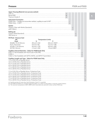 Pressure
1
PSISR and PSISD
Upper Housing Material (non-process wetted)
316L ss. . . . . . . . . . . . . . . . . . . . . . . . . . . . . . . . . . . . . . . . . . . . . . . . . . . . . . . . . . . . . . . . . . . . . . . . . .  S
Monel 400 . . . . . . . . . . . . . . . . . . . . . . . . . . . . . . . . . . . . . . . . . . . . . . . . . . . . . . . . . . . . . . . . . . . . . . M
Titanium Grade 4. . . . . . . . . . . . . . . . . . . . . . . . . . . . . . . . . . . . . . . . . . . . . . . . . . . . . . . . . . . . . . . . .  E
Instrument Connection
PSISR Only — Capillary-to-transmitter welded; capillary-to-seal ¼ NPT. . . . . . . . . . . . . . . . . . . . . . . . . . 1
PSISD Only — ½ NPT. . . . . . . . . . . . . . . . . . . . . . . . . . . . . . . . . . . . . . . . . . . . . . . . . . . . . . . . . . . . . . . . . . . 2
Gasket
Organic Fiber with Nitrile (Standard). . . . . . . . . . . . . . . . . . . . . . . . . . . . . . . . . . . . . . . . . . . . . . . . . . . . . .. . . . S
ptfe (Teflon). . . . . . . . . . . . . . . . . . . . . . . . . . . . . . . . . . . . . . . . . . . . . . . . . . . . . . . . . . . . . . . . . . . . . . . . . . . .. . . . T
Bolting (b)
Carbon Steel (Standard). . . . . . . . . . . . . . . . . . . . . . . . . . . . . . . . . . . . . . . . . . . . . . . . . . . . . . . . . . . . . . . . .. . . . . . . . . C
300 Series ss. . . . . . . . . . . . . . . . . . . . . . . . . . . . . . . . . . . . . . . . . . . . . . . . . . . . . . . . . . . . . . . . . . . . . . . . . . .. . . . . . . . . S
Fill Fluid – Pressure Seal
	 Fill 	 Temperature Limits
	 Fluid 	 ˚C 	 ˚F
	 DC200, 10 cSt Silicone 	 -	40 and +232 	 -	40 and +450(c). . . . . . . . . . . . . . . . . . . . . . . . . . . . . . 1
	 FC77, Fluorinert 	 -	59 and +82 	 -	75 and +180 . . . . . . . . . . . . . . . . . . . . . . . . . . . . . . . 2
	 DC200, 3 cSt Silicone 	 -	40 and +149 	 -	40 and +300 . . . . . . . . . . . . . . . . . . . . . . . . . . . . . . . 3
	 DC704, Silicone 	 -	12 and +304 		10 and 580(c). . . . . . . . . . . . . . . . . . . . . . . . . . . . . . . 4
Capillary Internal Diameter – Select for PSISR Seals Only
0.027 in; Not Available with Fluid Code 4 (DC704). . . . . . . . . . . . . . . . . . . . . . . . . . . . . . . . . . . . . . . . . . . . . . . . . . . . . . . . . . 3
0.040 in. . . . . . . . . . . . . . . . . . . . . . . . . . . . . . . . . . . . . . . . . . . . . . . . . . . . . . . . . . . . . . . . . . . . . . . . . . . . . . . . . . . . . . . . . . . . . . . 4
0.062 in; Not Available with IGP10, IGP25, and IAP10 Transmitters . . . . . . . . . . . . . . . . . . . . . . . . . . . . . . . . . . . . . . . . . . . 6
Capillary Length and Type – Select for PSISR Seals Only
1.5 m (5 ft) 316 ss Flexible Armor. . . . . . . . . . . . . . . . . . . . . . . . . . . . . . . . . . . . . . . . . . . . . . . . . . . . . . . . . . . . . . . . . . . . . . . . . . . . . . A
3.0 m (10 ft) 316 ss Flexible Armor. . . . . . . . . . . . . . . . . . . . . . . . . . . . . . . . . . . . . . . . . . . . . . . . . . . . . . . . . . . . . . . . . . . . . . . . . . . . . B
4.5 m (15 ft) 316 ss Flexible Armor. . . . . . . . . . . . . . . . . . . . . . . . . . . . . . . . . . . . . . . . . . . . . . . . . . . . . . . . . . . . . . . . . . . . . . . . . . . . . C
6.0 m (20 ft) 316 ss Flexible Armor. . . . . . . . . . . . . . . . . . . . . . . . . . . . . . . . . . . . . . . . . . . . . . . . . . . . . . . . . . . . . . . . . . . . . . . . . . . . . D
7.5 m (25 ft) 316 ss Flexible Armor. . . . . . . . . . . . . . . . . . . . . . . . . . . . . . . . . . . . . . . . . . . . . . . . . . . . . . . . . . . . . . . . . . . . . . . . . . . . . E
9.0 m (30 ft) 316 ss Flexible Armor. . . . . . . . . . . . . . . . . . . . . . . . . . . . . . . . . . . . . . . . . . . . . . . . . . . . . . . . . . . . . . . . . . . . . . . . . . . . . F
1.5 m (5 ft) 316 ss Flexible Armor, Protective Coat. . . . . . . . . . . . . . . . . . . . . . . . . . . . . . . . . . . . . . . . . . . . . . . . . . . . . . . . . . . . . . . G
3.0 m (10 ft) 316 ss Flexible Armor, Protective Coat . . . . . . . . . . . . . . . . . . . . . . . . . . . . . . . . . . . . . . . . . . . . . . . . . . . . . . . . . . . . . H
4.5 m (15 ft) 316 ss Flexible Armor, Protective Coat. . . . . . . . . . . . . . . . . . . . . . . . . . . . . . . . . . . . . . . . . . . . . . . . . . . . . . . . . . . . . . J
6.0 m (20 ft) 316 ss Flexible Armor, Protective Coat. . . . . . . . . . . . . . . . . . . . . . . . . . . . . . . . . . . . . . . . . . . . . . . . . . . . . . . . . . . . . . K
7.5 m (25 ft) 316 ss Flexible Armor, Protective Coat. . . . . . . . . . . . . . . . . . . . . . . . . . . . . . . . . . . . . . . . . . . . . . . . . . . . . . . . . . . . . . L
9.0 m (30 ft) 316 ss Flexible Armor, Protective Coat. . . . . . . . . . . . . . . . . . . . . . . . . . . . . . . . . . . . . . . . . . . . . . . . . . . . . . . . . . . . .  M
(a)	 Specify quantity of 2 seals when Seal Orientation Code “A” is specified.
(b)	 The PSISR and PSISD use a standard eight-bolt pattern. If a custom six-bolt pattern is required, contact Foxboro.
(c)	 The maximum temperature is 204˚C (400˚F) when transmitters are used with a direct connect PSISD seal.
1-68
 