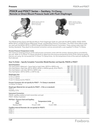 Pressure PSSCR and PSSCT
The PSSCR Sanitary Series with Remote Mount, Flush Diaphragm Seals are used with the IDP10, IDP25, IGP20, IGP25,
IAP20, IGP10, and IAP10 Series Differential, Gauge, and Absolute Pressure Transmitters. The PSSCT Direct Mount seals
are used with the IGP20, IDP10, or IDP25 Gauge and Differential Pressure Transmitters. These sanitary seals meet 3-A
Sanitary Standards. They attach to the process connection and are secured with a user-supplied Tri-Clover Tri-Clamp.
Process Pressure-Temperature Limits
The maximum working pressure of the seal process connection varies with the sanitary clamping device provided by
the user. Refer to Tri-Clover Tri-Clamp standards to determine the pressure-temperature limits of the clamping system
that you are using. Do not exceed the Tri-Clover Tri-Clamp limits, nor the temperature limits of the seal and capillary fill
fluid selected.
How To Order — Specify Complete Transmitter Model Number and Specify: PSSCR or PSSCT
Seal Orientation
Two Seal System, Balanced — Same Seal on both Sides, IDP10 or IDP25 only . . . . . . . . . . . -A(a)
One Seal System, High Side, IDP10, IDP25, IGP20, or IAP20 (specify -B for PSSCT) . . . . . . . -B
One Seal System, Low Side, IDP10 or IDP25 only. . . . . . . . . . . . . . . . . . . . . . . . . . . . . . . . . . . . . -C
One Seal System, IGP10, IGP25, or IAP10 only. . . . . . . . . . . . . . . . . . . . . . . . . . . . . . . . . . . . . . . -D
Diaphragm Size
2 inch Tri Clamp. . . . . . . . . . . . . . . . . . . . . . . . . . . . . . . . . . . . . . . . . . . . . . . . . . . . . . . . . . . . . . . . . . . . . . . 2
3 inch Tri Clamp. . . . . . . . . . . . . . . . . . . . . . . . . . . . . . . . . . . . . . . . . . . . . . . . . . . . . . . . . . . . . . . . . . . . . . . 3
4 inch Tri Clamp (not for PSSCT). . . . . . . . . . . . . . . . . . . . . . . . . . . . . . . . . . . . . . . . . . . . . . . . . . . . . . . . . 4
Process Connector (do not specify for PSSCT — Tri Clamp is standard)
Tri-Clover Tri Clamp . . . . . . . . . . . . . . . . . . . . . . . . . . . . . . . . . . . . . . . . . . . . . . . . . . . . . . . . . . . . . . . . . . . . . . . .1
Diaphragm Material (do not specify for PSSCT — 316L ss is standard)
316L ss. . . . . . . . . . . . . . . . . . . . . . . . . . . . . . . . . . . . . . . . . . . . . . . . . . . . . . . . . . . . . . . . . . . . . . . . . . . . . . . . . . . . .. . . . S
Hastelloy C276. . . . . . . . . . . . . . . . . . . . . . . . . . . . . . . . . . . . . . . . . . . . . . . . . . . . . . . . . . . . . . . . . . . . . . . . . . . . . .. . . . C
Instrument Connection. . . . . . . . . . . . . . . . . . . . . . . . . . . . . . . . . . . . . . . . . . . . . . . . . . . . . . . . . . . . . . . . . . . . . . .. . . . . . . . .1
PSSCR: capillary welded at both transmitter and seal
PSSCT: Bolted, Gasketed
Fill Fluid – Pressure Seal and Capillary
	 Fill 	 Temperature Limits
	 Fluid 	 ˚C 	 ˚F
	 Neobee M20 	 -18 and +204 	 0 and +400. . . . . . . . . . . . . . . . . . . . . . . . . . . . . . . . . . . . . . . 5
Capillary Internal Diameter (do not specify for PSSCT)
0.027 in . . . . . . . . . . . . . . . . . . . . . . . . . . . . . . . . . . . . . . . . . . . . . . . . . . . . . . . . . . . . . . . . . . . . . . . . . . . . . . . . . . . . . . . . . . . . . . . . . . . . 3
0.040 in. . . . . . . . . . . . . . . . . . . . . . . . . . . . . . . . . . . . . . . . . . . . . . . . . . . . . . . . . . . . . . . . . . . . . . . . . . . . . . . . . . . . . . . . . . . . . . . . . . . . 4
0.062 in. . . . . . . . . . . . . . . . . . . . . . . . . . . . . . . . . . . . . . . . . . . . . . . . . . . . . . . . . . . . . . . . . . . . . . . . . . . . . . . . . . . . . . . . . . . . . . . . . . . . 6
PSSCR and PSSCT Series — Sanitary, Tri-Clamp,
Remote or Direct Mount Pressure Seals with Flush Diaphragm
PSSCR, Sanitary, Remote
Mount shown with 	
IGP10 Transmitter
PSSCT, Sanitary, Direct
Mount shown with IDP10
Transmitter
1-69
 