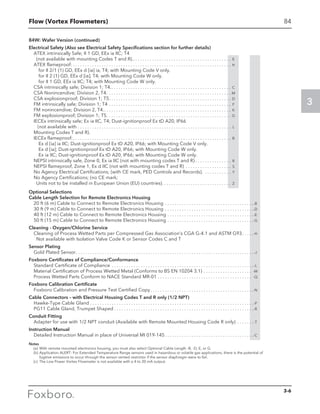 Flow (Vortex Flowmeters)
3
84
84W: Wafer Version (continued)
Electrical Safety (Also see Electrical Safety Specifications section for further details)
ATEX intrinsically Safe; II 1 GD, EEx ia IIC; T4
(not available with mounting Codes T and R). . . . . . . . . . . . . . . . . . . . . . . . . . . . . . . . . . . . . . . . . . E
ATEX flameproof: . . . . . . . . . . . . . . . . . . . . . . . . . . . . . . . . . . . . . . . . . . . . . . . . . . . . . . . . . . . . . . . . . . . H
for II 2/1 (1) GD, EEx d [ia] ia, T4; with Mounting Code V only.
for II 2 (1) GD, EEx d [ia], T4; with Mounting Code W only.
for II 1 GD, EEx ia IIC; T4; with Mounting Code W only.
CSA intrinsically safe; Division 1; T4. . . . . . . . . . . . . . . . . . . . . . . . . . . . . . . . . . . . . . . . . . . . . . . . . . . C
CSA Nonincendive; Division 2, T4. . . . . . . . . . . . . . . . . . . . . . . . . . . . . . . . . . . . . . . . . . . . . . . . . . . . . M
CSA explosionproof; Division 1; T5 . . . . . . . . . . . . . . . . . . . . . . . . . . . . . . . . . . . . . . . . . . . . . . . . . . . D
FM intrinsically safe; Division 1; T4 . . . . . . . . . . . . . . . . . . . . . . . . . . . . . . . . . . . . . . . . . . . . . . . . . . . . F	
FM nonincendive; Division 2, T4. . . . . . . . . . . . . . . . . . . . . . . . . . . . . . . . . . . . . . . . . . . . . . . . . . . . . . K
FM explosionproof; Division 1; T5. . . . . . . . . . . . . . . . . . . . . . . . . . . . . . . . . . . . . . . . . . . . . . . . . . . . . G
IECEx intrinsically safe; Ex ia IIC, T4; Dust-ignitionproof Ex tD A20, IP66
(not available with . . . . . . . . . . . . . . . . . . . . . . . . . . . . . . . . . . . . . . . . . . . . . . . . . . . . . . . . . . . . . . . . . L
Mounting Codes T and R).
IECEx flameproof: . . . . . . . . . . . . . . . . . . . . . . . . . . . . . . . . . . . . . . . . . . . . . . . . . . . . . . . . . . . . . . . . . . B
Ex d [ia] ia IIC; Dust-ignitionproof Ex tD A20, IP66; with Mounting Code V only.
Ex d [ia]; Dust-ignitionproof Ex tD A20, IP66; with Mounting Code W only.
Ex ia IIC; Dust-ignitionproof Ex tD A20, IP66; with Mounting Code W only.
NEPSI intrinsically safe, Zone 0, Ex ia IIC (not with mounting codes T and R)  . . . . . . . . . . . . . . . R
NEPSI flameproof, Zone 1, Ex d IIC (not with mounting codes T and R) . . . . . . . . . . . . . . . . . . . . S
No Agency Electrical Certifications; (with CE mark, PED Controls and Records). . . . . . . . . . . . . Y
No Agency Certifications; (no CE mark;
Units not to be installed in European Union (EU) countries). . . . . . . . . . . . . . . . . . . . . . . . . . . . . . Z
Optional Selections
Cable Length Selection for Remote Electronics Housing
20 ft (6 m) Cable to Connect to Remote Electronics Housing . . . . . . . . . . . . . . . . . . . . . . . . . . . . . . . . . . . . . -B
30 ft (9 m) Cable to Connect to Remote Electronics Housing . . . . . . . . . . . . . . . . . . . . . . . . . . . . . . . . . . . . . -D
40 ft (12 m) Cable to Connect to Remote Electronics Housing . . . . . . . . . . . . . . . . . . . . . . . . . . . . . . . . . . . . -E
50 ft (15 m) Cable to Connect to Remote Electronics Housing . . . . . . . . . . . . . . . . . . . . . . . . . . . . . . . . . . . . -G
Cleaning - Oxygen/Chlorine Service
Cleaning of Process Wetted Parts per Compressed Gas Association’s CGA G-4.1 and ASTM G93 . . . . -H
Not available with Isolation Valve Code K or Sensor Codes C and T
Sensor Plating
Gold Plated Sensor . . . . . . . . . . . . . . . . . . . . . . . . . . . . . . . . . . . . . . . . . . . . . . . . . . . . . . . . . . . . . . . . . . . . . . . . . -J
Foxboro Certificates of Compliance/Conformance
Standard Certificate of Compliance . . . . . . . . . . . . . . . . . . . . . . . . . . . . . . . . . . . . . . . . . . . . . . . . . . . . . . . . . . . -L
Material Certification of Process Wetted Metal (Conforms to BS EN 10204 3.1) . . . . . . . . . . . . . . . . . . . . . -M
Process Wetted Parts Conform to NACE Standard MR-01 . . . . . . . . . . . . . . . . . . . . . . . . . . . . . . . . . . . . . . . . -Q
Foxboro Calibration Certificate
Foxboro Calibration and Pressure Test Certified Copy . . . . . . . . . . . . . . . . . . . . . . . . . . . . . . . . . . . . . . . . . . -N
Cable Connectors – with Electrical Housing Codes T and R only (1/2 NPT)
Hawke-Type Cable Gland . . . . . . . . . . . . . . . . . . . . . . . . . . . . . . . . . . . . . . . . . . . . . . . . . . . . . . . . . . . . . . . . . . . . -P
PG11 Cable Gland, Trumpet Shaped . . . . . . . . . . . . . . . . . . . . . . . . . . . . . . . . . . . . . . . . . . . . . . . . . . . . . . . . . .-R
Conduit Fitting
Adapter for use with 1/2 NPT conduit (Available with Remote Mounted Housing Code R only) . . . . . . . -T
Instruction Manual
Detailed Instruction Manual in place of Universal MI 019-145 . . . . . . . . . . . . . . . . . . . . . . . . . . . . . . . . . . . . -C
Notes
	 (a)	 With remote mounted electronics housing, you must also select Optional Cable Length -B, -D, E, or G.
	 (b)	Application ALERT: For Extended Temperature Range sensors used in hazardous or volatile gas applications, there is the potential of
		 fugitive emissions to occur through the sensor vented restrictor if the sensor diaphragm were to fail.
	 (c)	 The Low Power Vortex Flowmeter is not available with a 4 to 20 mA output.
3-6
 