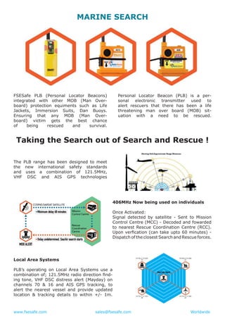 www.fsesafe.com		 		sales@fsesafe.com					Worldwide
MARINE SEARCH
FSESafe PLB (Personal Locator Beacons)
integrated with other MOB (Man Over-
board) protection equiments such as Life
Jackets, Immersion Suits, Dan Buoys.
Ensuring that any MOB (Man Over-
board) victim gets the best chance
of being rescued and survival.
Personal Locator Beacon (PLB) is a per-
sonal electronic transmitter used to
alert rescuers that there has been a life
threatening man over board (MOB) sit-
uation with a need to be rescued.
Taking the Search out of Search and Rescue !
The PLB range has been designed to meet
the new international safety standards
and uses a combination of 121.5MHz,
VHF DSC and AIS GPS technologies
406MHz Now being used on individuals
Once Activated:
Signal detected by satellite - Sent to Mission
Control Centre (MCC) - Decoded and fowarded
to nearest Rescue Coordination Centre (RCC).
Upon verfication (can take upto 60 minutes) -
Dispatch of the closest Search and Rescue forces.
Local Area Systems
PLB’s operating on Local Area Systems use a
combination of; 121.5MHz radio direction find-
ing tone, VHF DSC distress alert (Mayday) on
channels 70 & 16 and AIS GPS tracking, to
alert the nearest vessel and provide updated
location & tracking details to within +/- 1m.
 