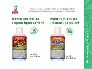 43
Имуннасистема,простуда,грип
Код: 30809
Цена: 39.00 лв.
DrNatureАлоеВераСок
счервенаборовинка946ml
Органични сокове от Алое Вера (99,7% AloeVera Barbadensis Miller) с
добавка на червена боровинка или портокал и манго за приятен вкус.
DrNatureАлоеВераСок
спортокалиманго946ml
Код: 30810
Цена: 39.00 лв.
 