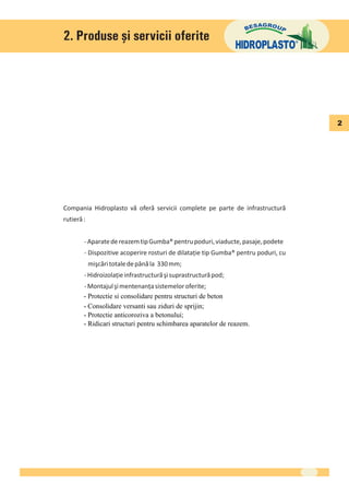 - Protectie si consolidare pentru structuri de beton
- Consolidare versanti sau ziduri de sprijin;
- Protectie anticoroziva a betonului;
- Ridicari structuri pentru schimbarea aparatelor de reazem.
 