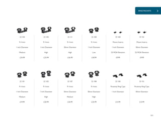 101
RING MOUNTS
£18.99
£19.99 £20.99 £24.99 £25.99
£26.99£24.99 £25.99 £9.99
£13.99
£9.99
£13.99
22 100
9-11mm
1 Inch Diameter
Low
22 111
9-11mm
30mm Diameter
High
22 104
9-11mm
1 Inch Diameter
Medium
22 105
9-11mm
1 Inch Diameter
High
22 160
Mount Inserts
1 Inch Diameter
25 MOA Elevation
22 161
Mount Inserts
30mm Diameter
25 MOA Elevation
22 101
9-11mm
1 Inch Diameter
Medium
22 102
9-11mm
1 Inch Diameter
High
22 107
9-11mm
30mm Diameter
Medium
22 108
9-11mm
30mm Diameter
High
22 150
Picatinny Ring Caps
1 Inch Diameter
22 151
Picatinny Ring Caps
30mm Diameter
 