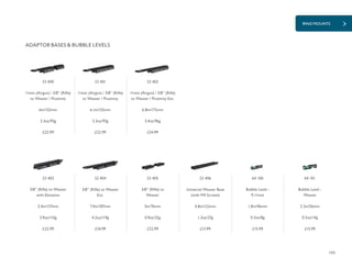 105
RING MOUNTS
£15.99£15.99£22.99£22.99 £24.99
£22.99 £22.99 £24.99
£13.99
ADAPTOR BASES & BUBBLE LEVELS
64 101
Bubble Level -
Weaver
2.2in/56mm
0.5oz/14g
64 100
Bubble Level -
9-11mm
1.8in/46mm
0.3oz/8g
22 405
3/8” (Rifle) to
Weaver
3in/76mm
0.9oz/25g
22 403
3/8” (Rifle) to Weaver
with Elevation
5.4in/137mm
3.9oz/110g
22 404
3/8” (Rifle) to Weaver
Ext.
7.4in/187mm
4.2oz/119g
22 400
11mm (Airgun) / 3/8” (Rifle)
to Weaver / Picatinny
6in/152mm
3.3oz/93g
22 401
11mm (Airgun) / 3/8” (Rifle)
to Weaver / Picatinny
6.1in/155mm
3.3oz/93g
22 402
11mm (Airgun) / 3/8” (Rifle)
to Weaver / Picatinny Ext.
6.8in/172mm
3.4oz/96g
22 406
Universal Weaver Base
(with M4 Screws)
4.8in/122mm
1.3oz/37g
 
