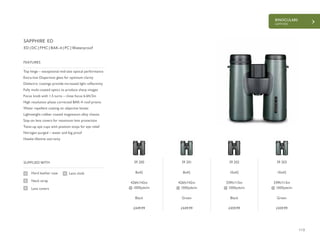 BINOCULARS
SAPPHIRE
113
£449.99 £449.99 £459.99 £459.99
Top hinge – exceptional mid-size optical performance
Extra-low Dispersion glass for optimum clarity
Dielectric coatings provide increased light reflectivity
Fully multi-coated optics to produce sharp images
Focus knob with 1.5 turns – close focus 6.6ft/2m
High resolution phase corrected BAK-4 roof prisms
Water repellent coating on objective lenses
Lightweight rubber coated magnesium alloy chassis
Stay-on lens covers for maximum lens protection
Twist-up eye cups with position stops for eye relief
Nitrogen purged – water and fog proof
Hawke lifetime warranty
FEATURES
Hard leather case
Neck strap
Lens covers
SUPPLIED WITH
Lens cloth
ED | DC | FMC | BAK-4 | PC | Waterproof
SAPPHIRE ED
39 200
8x42
426ft/142m
@ 1000yds/m
Black
39 201
8x42
426ft/142m
@ 1000yds/m
Green
39 202
10x42
339ft/113m
@ 1000yds/m
Black
39 203
10x42
339ft/113m
@ 1000yds/m
Green
 