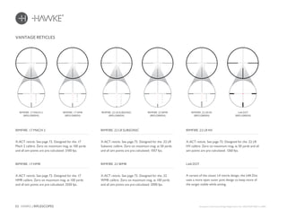 52 HAWKE / RIFLESCOPES
VANTAGE RETICLES
X-ACT reticle. See page 72. Designed for the .17
Mach 2 calibre. Zero on maximum mag. at 100 yards
and all aim points are pre-calculated. 2100 fps.
RIMFIRE .17 MACH 2 RIMFIRE .22 LR SUBSONIC
RIMFIRE .17 HMR RIMFIRE .22 WMR
RIMFIRE .22 LR HV
A variant of the classic L4 reticle design, the L4A Dot
uses a more open outer post design to keep more of
the target visible while aiming.
L4A DOT
RIMFIRE .17 MACH 2
(RED/GREEN)
RIMFIRE .17 HMR
(RED/GREEN)
RIMFIRE .22 LR SUBSONIC
(RED/GREEN)
RIMFIRE .22 WMR
(RED/GREEN)
RIMFIRE .22 LR HV
(RED/GREEN)
L4A DOT
(RED/GREEN)
X-ACT reticle. See page 72. Designed for the .22 LR
Subsonic calibre. Zero on maximum mag. at 50 yards
and all aim points are pre-calculated. 1057 fps.
X-ACT reticle. See page 72. Designed for the .22 LR
HV calibre. Zero on maximum mag. at 50 yards and all
aim points are pre-calculated. 1260 fps.
X-ACT reticle. See page 72. Designed for the .17
HMR calibre. Zero on maximum mag. at 100 yards
and all aim points are pre-calculated. 2550 fps.
X-ACT reticle. See page 72. Designed for the .22
WMR calibre. Zero on maximum mag. at 100 yards
and all aim points are pre-calculated. 2000 fps.
European Community Design Registration No. 002610329-0001 to 0007.
150
200
250
300
350
100
150
200
250
300
350
100
150
200
250
300
350
100
150
200
250
300
350
100
75
100
125
150
175
200
50
75
100
125
150
175
200
50
150
200
250
300
100
150
200
250
300
100
75
100
125
150
175
200
50
75
100
125
150
175
200
50
 