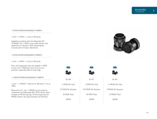 RIFLESCOPES
+SIDEWINDER
61
£99.99 £99.99 £99.99
65 100
¼ MOA Per Click
7.5 MOA Per Rotation
45 MOA Total
65 101
1
/8 MOA Per Click
3.75 MOA Per Rotation
45 MOA Total
65 102
1
/10 MRAD Per Click
3 MRAD Per Rotation
13 MRAD Total
1 click = ¼ MOA = ¼ inch at 100 yards.
Supplied as standard with the Sidewinder ED
10-50x60. The ¼ MOA turrets offer familiar click
adjustment to shooters, while still giving fast,
accurate point of impact adjustment.
¼ MOA INTERCHANGEABLE TURRETS
1 click = 1
/8 MOA = 1
/8 inch at 100 yards.
Finer click adjustment than the supplied ¼ MOA
turrets, the 1
/8 MOA give more accuracy and
precision, especially useful at long range.
1
/8 MOA INTERCHANGEABLE TURRETS
1 click = 1
/10 MRAD = 0.36 inch at 100 yards = 1cm at
100m.
Measured to fit - the 1
/10 MRAD turrets perfectly
compliment the Sidewinder ED’s TMX reticle, which
is based on Mil Dot spacing. 10 clicks equal one full
MRAD, which is the space between two Mil Dots.
1
/10 MRAD INTERCHANGEABLE TURRETS
NEW NEW NEW
 