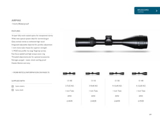 RIFLESCOPES
+AIRMAX
69
£139.99 £149.99 £169.99 £179.99
SUPPLIED WITH
Lens covers
Lens cloth
13 100
2-7x32 AO
1 Inch Tube
AMX
13 110
3-9x40 AO
1 Inch Tube
AMX
13 130
4-12x40 AO
1 Inch Tube
AMX
13 140
4-12x50 AO
1 Inch Tube
AMX
16 layer fully multi-coated optics for exceptional clarity
Wide view optical system ideal for varmint/airgun
Glass etched reticle to withstand high recoil
Integrated adjustable objective for parallax adjustment
1 inch mono-tube chassis for superior strength
¼ MOA low profile ‘no-snag’ fingertip turrets
Fast focus eyebell and high torque zoom ring
Threaded objective/ocular for optional accessories
Nitrogen purged – water, shock and fog proof
Hawke lifetime warranty
FEATURES
1 Inch | Waterproof
MORE RETICLE INFORMATION ON PAGE 70
AIRMAX
 