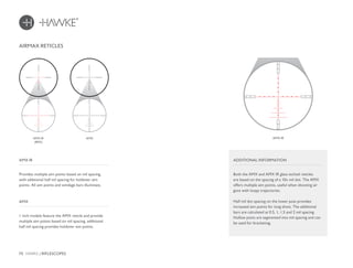 70 HAWKE / RIFLESCOPES
AIRMAX RETICLES
AMX IR
Both the AMX and AMX IR glass etched reticles
are based on the spacing of a 10x mil dot. The AMX
offers multiple aim points, useful when shooting air
guns with loopy trajectories.
Half mil dot spacing on the lower post provides
increased aim points for long shots. The additional
bars are calculated at 0.5, 1, 1.5 and 2 mil spacing.
Hollow posts are segmented into mil spacing and can
be used for bracketing.
ADDITIONAL INFORMATION
Provides multiple aim points based on mil spacing,
with additional half mil spacing for holdover aim
points. All aim points and windage bars illuminate.
AMX IR
1 inch models feature the AMX reticle and provide
multiple aim points based on mil spacing, additional
half mil spacing provides holdover aim points.
AMX
AMX IR
(RED)
AMX
 