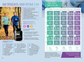 как пробежать свои первые 5 км
ХОТИТЕ НАЧАТЬ БЕГАТЬ,
ЧТОБЫ БЫТЬ В ТОНУСЕ
ИЛИ ПОХУДЕТЬ?
ПРОБЕЖАТЬ 5 КИЛОМЕТРОВ
МОЖЕТ КАЖДЫЙ!
HERBALIFE NUTRITION
РАЗРАБОТАЛ СПЕЦИАЛЬНЫЙ
ПЛАН ТРЕНИРОВОК
ДЛЯ ВАШЕГО РЕЗУЛЬТАТА
Восстанавливающий
коктейль Herbalife 24
Источник белка, который
способствует:
•	 ускоренному восстановлению
после анаэробных нагрузок
•	 восстановлению и наращиванию
мышечной массы
•	 Содержит железо для лучшего
обеспечения тканей кислородом
Начните следить
за тем, сколько
вы двигаетесь,
для поддержания
мышечного тонуса
и нормального
веса мужчинам
и женщинам
от 18 до 40 лет в день
следует проходить
12 тысяч шагов.
Если с активными
пешими прогулками
вы уже справляетесь,
можно переходить
к легкому бегу.
Но не переусердствуйте —
чрезмерные нагрузки
не пойдут вам на пользу.
После
интенсивных
занятий спортом
важно восполнить
энергию. Используйте
Восстанавливающий
коктейль Herbalife24
в течение 30 минут
после физических
нагрузок.
1-я неделя 2-я неделя 3-я неделя 4-я неделя 5-я неделя
Пн
Вт
Ср
Чт
Пт
Сб
Вс
ПЛАН ТВОЕГО
ЗАБЕГА НА 5 КМ
8x
8x
4x
4x
4x
3x
4x
4x
2x
4x
20 мин 30 мин 40 мин
30 мин 40 мин 8 мин 4 мин 10 мин 3мин 10 мин 3мин
3x
2мин 2мин 4мин 2мин 6мин 2мин 8мин 2мин 1 мин 30с
3x
2мин 2мин 4мин 2мин 6мин 2мин 8мин 2мин 30мин
Ходьба Бег Ускорение Отдых Повторы
4x
#ямогуна5
Перед началом тренировок
проконсультируйтесь с врачом.
За более подробной информацией
обратитесь к своему Консультанту
по питанию.
Участвуй в челлендже Herbalife:
тренируйся, выкладывай фото
с тренировок с хештегом:
#ЯМОГУНА5
1 2 3
#1437
3938
 