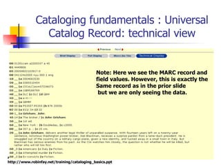 Cataloging fundamentals : Universal Catalog Record: technical view Note: Here we see the MARC record and  field values. Ho...