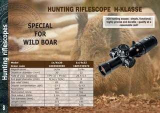 8
HUNTING RIFLESCOPE H-KLASSE
IOR hunting scopes: simple, functional,
highly precise and durable - quality at a
reasonable cost!
SPECIAL
FOR
WILD BOAR
Model
Order code
1x/6x30
1805909990
1x/4x32
1805739970
Magnification 1x/6x 1x/4x
Objective diameter (mm) 30 32
Field of view (degrees) 17°(1x) / 4°(6x) 24.5-6.5
Exit pupil diameter (mm) 8(1x) / 5(6x) 8
Eye relief (mm) 85 85
Diopter compensation (dpt) -3/+3 -3/+3
Focal plane SFP SFP
Illuminated reticle Yes Yes
Click value / 100m 1 cm 0.1mrad
Tub diameter (mm) 30 35
Length (mm) 215 185
Weight (g) 600 620
Huntingriflescopes
 