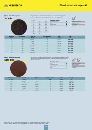 Pânză abrazivă neţesută



Pânză abrazivă neţesută                                    Disc standard din pânză abrazivă neţesută cu un raport excelent preţ/
                                                           performanţă pentru ﬁnisarea suprafeţelor plane sau uşor proﬁlate
SV 484                                                     Granulaţii:                                   Domenii de utilizare:
                                                                16               120        500          Vopsele/Lacuri/Chit               ᭹           Agent de încleiere
                                                                24               150        600          Lemn                              ᭹           Răşină sintetică
                                                                30               180 ᭿      800          Material plastic                  ᭹           Tip granulă
                                                                36               220       1000          Metal                             ᭹           Corund
                                                                40               240       1200
                                                                50               280 ᭿     1500
                                                                60               320       2000
                                                                80 ᭿             360
                                                               100 ᭿             400


          Diametru               Granulaţie                Grad de                       Unit. ambalare                   Cod                   Preţ
           în mm                                            ﬁneţe                             /buc.                      articol                 €
              115                       80                grosieră                            10                         104134                280,80 €
              115                     100                  medie                              10                         104135                264,60 €
              115                     180                  medie                              10                         104138                265,60 €
              115                     280                foarte ﬁnă                           10                         104139                264,60 €
              125                       80                grosieră                            10                         104136                371,50 €
              125                     100                  medie                              10                         104137                352,10 €
              125                     180                  medie                              10                         104140                349,90 €
              125                     280                foarte ﬁnă                           10                         104141                349,90 €



Pânză abrazivă neţesută                                    Disc premium din pânză abrazivă neţesută, cu o stabilitate ridicată a canturilor,
                                                           pentru aplicaţii exigente. Potrivit pentru curățarea grosieră, debavurarea şi
NDS 800                                                    şlefuirea sudurilor
                                                                                                         Domenii de utilizare:
                                                                                                         Metal                             ᭹           Agent de încleiere
                                                                                                         Vopsele/Lacuri/Chit               ᭺           Răşină sintetică
                                                                                                         Material plastic                  ᭺           Tip granulă
                                                                                                         Lemn                              ᭺           Corund




         Diametru                      Grad de                        Culoare                 Unit. ambalare                      Cod             Preţ
          în mm                         ﬁneţe                                                      /buc.                         articol           €
            115                         grosieră                         maro                            10                  258430             442,70 €
            115                          medie                           roşu                            10                  258431             371,50 €
            115                       foarte ﬁnă                      albastru                           10                  258432             371,50 €
            125                         grosieră                         maro                            10                  258433             519,30 €
            125                          medie                           roşu                            10                  258434             425,40 €
            125                       foarte ﬁnă                      albastru                           10                  258445             425,40 €




Preţuri pentru 100 buc. fără TVA. Recomandarea de preţ nu este obligatorie. Alte dimensiuni la cerere.
Atenţie: Ghid de utilizare: vezi pag. 75. Pentru a comanda corect: Indicaţii la pag. 199.

                                                                                           100
 
