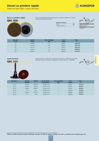 Discuri cu prindere rapidă
Sistem de fixare QRC / Suport de fixare



Discuri cu prindere rapidă                               Disc dur de condiţionarea suprafeţei pentru curăţare şi debavurare uşoară,
                                                         retuşarea defectelor de şlefuire
QRC 800
                                                                                                  Domenii de utilizare:
                                                                                                  Metal                             ᭹           Agent de încleiere
                                                                                                  Vopsele/Lacuri/Chit               ᭺           Răşină sintetică
                                                                                                                                                Tip granulă
                                                                                                                                                Corund




          Diametru                          Grad de                        Unit. ambalare                     Cod                       Preţ
           în mm                             fineţe                             /buc.                        articol                     €
              50                            grosieră                              50                        295413                      152,40 €
              50                            medium                                50                        295414                      139,10 €
              50                            very fine                             50                        295415                      139,10 €
              76                            grosieră                              25                        295419                      256,90 €
              76                            medium                                25                        295420                      241,40 €




                                                                                                                                                                     Coli/Foi/Discuri
Suport de fixare                                         Suport de fixare cu filet interior, special pentru discuri cu sistem de fixare QRC.
                                                         Montarea discului pe suport se asigură prin rotirea acestuia cu 180 grade.
QRC 555




       Diametru x                Grad de           Culoare           Nr. de rotaţii           Unit. ambalare               Cod                 Preţ
                                 duritate                            max. permis                   /buc.                  articol               €
          25 x 6                 medium            albastru            30.000 1/min                   1                   295423               16,10 €
          38 x 6                 medium            albastru            30.000 1/min                   1                   295425               16,50 €
          50 x 6                 medium            albastru            30.000 1/min                   1                   295428               16,90 €
          50 x 6                   firm                 roşu           30.000 1/min                   1                   295429               17,40 €
          76 x 6                 medium            albastru            20.000 1/min                   1                   295432               18,10 €
          76 x 6                   firm                 roşu           20.000 1/min                   1                   295433               18,70 €




Preţuri pentru 100 buc. (QRC 800) / la buc: (QRC 555) fără TVA. Recomandarea de preţ nu este obligatorie.
Atenţie: Cantităţi minime de comandă la fabricaţie: vezi pag. 103. Ghid de utilizare: vezi pag. 102. Pentru a comanda corect: Indicaţii la pag. 199.

                                                                                      111
 