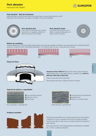 Perii abrazive
Instrucţiuni de utilizare


Peria abrazivă - Mod de funcţionare
Există două tipuri de perii abrazive: peria dură și peria moale. La baza acestei clasificări se află
diferenţe la nivel de diametru, de lungime a lamelelor și de mod de asamblare.




                          Peria abrazivă dură                                Peria abrazivă moale
                          Corp interior de dimensiuni mari și lamele         Corp interior de dimensiuni mici și
                          scurte pentru o capacitate ridicată de             lamele cu lungime medie pentru un
                          șlefuire de așchiere și de curăţare                aspect uniform de șlefuire




Moduri de asamblare
O altă posibilitate de a influenţa duritatea periei abrazive este modul de asamblare a lamelelor, care indică raportul între numărul de lamele
abrazive și numărul de straturi intermediare (distanţiere). Cu cât raportul este mai mare, cu atât peria este mai dură.




5:1                                                      3:1                                                     1:1


Flanșă de ﬁxare




                                                                                                                                                           Perii abrazive
                                                                       Flanșele de fixare SMD 612 fabricate din oţel sau aliaj de aluminiu
                                                                       trebuie folosite pentru toate periile abrazive „standard” de tip SM 611,
                                                                       MM 650, NCW 600 și NFW 600.
                                                                       Fixarea corectă este foarte importantă!
                                                                       Flanșa trebuie fixată bine in diametrul interior al canelurii.




Aspectul de șlefuire a suprafeţelor


                                    structură liniară continuă                                                      structură liniară scurtă distinctivă
                                    adâncituri minime                                                               suprafaţă aspră
                                    finisaj neted                                                                   finisaj cu un contrast ridicat


Disc mop abraziv cu granulaţie 40                                                Bandă abrazivă cu granulaţie 40




Profilarea lamelelor

                                                                       Periile abrazive pre-profilate sunt concepute special pentru forma specifică
                                                                       a pieselor dvs. de lucru, asigurând cele mai bune rezultate de șlefuire
                                                                       încă din prima clipă. În acest mod, se renunţă la modul lent de șlefuire al
                                                                       periei abrazive.
                                                                       Dacă aveţi nevoie de o perie abrazivă special concepută pentru activităţile
                                                                       dvs., vă stăm cu plăcere la dispoziţie.


                                                                         113
 