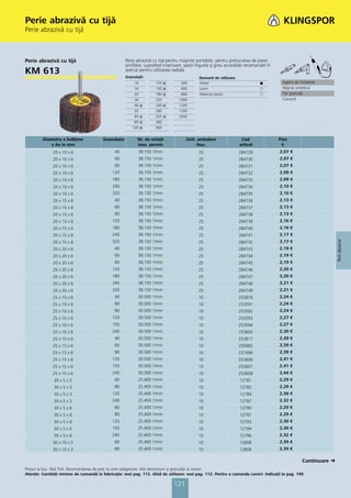 Perie abrazivă cu tijă
Perie abrazivă cu tijă



Perie abrazivă cu tijă                                Perie abrazivă cu tijă pentru maşinile portabile, pentru prelucrarea de piese
                                                      profilate, suprafeţe interioare, spaţii înguste şi greu accesibile recomandat în
KM 613                                                special pentru utilizarea radială
                                                      Granulaţii:                             Domenii de utilizare:
                                                           16         120   ᭿       500       Metal                             ᭹         Agent de încleiere
                                                           24         150   ᭿       600       Lemn                              ᭺         Răşină sintetică
                                                           30         180   ᭿       800       Material plastic                  ᭺         Tip granulă
                                                           36         220          1000                                                   Corund
                                                           40   ᭿     240   ᭿      1200
                                                           50         280          1500
                                                           60   ᭿     320   ᭿      2000
                                                           80   ᭿     360
                                                          100   ᭿     400


         Diametru x Înălţime             Granulaţie          Nr. de rotaţii            Unit. ambalare                  Cod               Preţ
            x Ax în mm                                       max. permis                    /buc.                     articol             €
              20 x 10 x 6                      40            38.150 1/min                     25                      284729             2,07 €
              20 x 10 x 6                      60            38.150 1/min                     25                      284730             2,07 €
              20 x 10 x 6                      80            38.150 1/min                     25                      284731             2,07 €
              20 x 10 x 6                     120            38.150 1/min                     25                      284732             2,09 €
              20 x 10 x 6                     180            38.150 1/min                     25                      284733             2,09 €
              20 x 10 x 6                     240            38.150 1/min                     25                      284734             2,10 €
              20 x 10 x 6                     320            38.150 1/min                     25                      284735             2,10 €
              20 x 15 x 6                      40            38.150 1/min                     25                      284736             2,13 €
              20 x 15 x 6                      60            38.150 1/min                     25                      284737             2,13 €
              20 x 15 x 6                      80            38.150 1/min                     25                      284738             2,13 €
              20 x 15 x 6                     120            38.150 1/min                     25                      284739             2,16 €
              20 x 15 x 6                     180            38.150 1/min                     25                      284740             2,16 €
              20 x 15 x 6                     240            38.150 1/min                     25                      284741             2,17 €




                                                                                                                                                                 Perii abrazive
              20 x 15 x 6                     320            38.150 1/min                     25                      284742             2,17 €
              20 x 20 x 6                      40            38.150 1/min                     25                      284743             2,19 €
              20 x 20 x 6                      60            38.150 1/min                     25                      284744             2,19 €
              20 x 20 x 6                      80            38.150 1/min                     25                      284745             2,19 €
              20 x 20 x 6                     120            38.150 1/min                     25                      284746             2,20 €
              20 x 20 x 6                     180            38.150 1/min                     25                      284747             2,20 €
              20 x 20 x 6                     240            38.150 1/min                     25                      284748             2,21 €
              20 x 20 x 6                     320            38.150 1/min                     25                      284749             2,21 €
              25 x 10 x 6                      40            30.500 1/min                     10                      253816             2,24 €
              25 x 10 x 6                      60            30.500 1/min                     10                      253591             2,24 €
              25 x 10 x 6                      80            30.500 1/min                     10                      253592             2,24 €
              25 x 10 x 6                     120            30.500 1/min                     10                      253593             2,27 €
              25 x 10 x 6                     150            30.500 1/min                     10                      253594             2,27 €
              25 x 10 x 6                     240            30.500 1/min                     10                      253605             2,30 €
              25 x 15 x 6                      40            30.500 1/min                     10                      253817             2,39 €
              25 x 15 x 6                      60            30.500 1/min                     10                      250985             2,39 €
              25 x 15 x 6                      80            30.500 1/min                     10                      237496             2,39 €
              25 x 15 x 6                     120            30.500 1/min                     10                      253606             2,41 €
              25 x 15 x 6                     150            30.500 1/min                     10                      253607             2,41 €
              25 x 15 x 6                     240            30.500 1/min                     10                      253608             2,44 €
               30 x 5 x 3                      60            25.400 1/min                     10                      12781              2,29 €
               30 x 5 x 3                      80            25.400 1/min                     10                      12782              2,29 €
               30 x 5 x 3                     120            25.400 1/min                     10                      12784              2,30 €
               30 x 5 x 3                     240            25.400 1/min                     10                      12787              2,32 €
               30 x 5 x 6                      60            25.400 1/min                     10                      12790              2,29 €
               30 x 5 x 6                      80            25.400 1/min                     10                      12791              2,29 €
               30 x 5 x 6                     120            25.400 1/min                     10                      12793              2,30 €
               30 x 5 x 6                     150            25.400 1/min                     10                      12794              2,30 €
               30 x 5 x 6                     240            25.400 1/min                     10                      12796              2,32 €
              30 x 10 x 3                      60            25.400 1/min                     10                      12808              2,39 €
              30 x 10 x 3                      80            25.400 1/min                     10                      12809              2,39 €

                                                                                                                                                    Continuare
Preţuri la buc. fără TVA. Recomandarea de preţ nu este obligatorie. Alte dimensiuni și granulaţii la cerere.
Atenţie: Cantităţi minime de comandă la fabricaţie: vezi pag. 112. Ghid de utilizare: vezi pag. 112. Pentru a comanda corect: Indicaţii la pag. 199.

                                                                                121
 