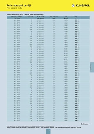 Perie abrazivă cu tijă
Perie abrazivă cu tijă


Atenţie: Continuare de la KM 613, Perie abrazivă cu tijă
         Diametru x Înălţime             Granulaţie        Nr. de rotaţii            Unit. ambalare               Cod                 Preţ
            x Ax în mm                                     max. permis                    /buc.                  articol               €
              50 x 15 x 6                      40           15.200 1/min                    10                   12978                 3,03 €
              50 x 15 x 6                      60           15.200 1/min                    10                   12979                 3,03 €
              50 x 15 x 6                      80           15.200 1/min                    10                   12980                 3,03 €
              50 x 15 x 6                     120           15.200 1/min                    10                   12982                 3,05 €
              50 x 15 x 6                     150           15.200 1/min                    10                   12983                 3,05 €
              50 x 15 x 6                     240           15.200 1/min                    10                   12985                 3,08 €
              50 x 20 x 6                      40           15.200 1/min                    10                   12996                 3,23 €
              50 x 20 x 6                      60           15.200 1/min                    10                   12997                 3,23 €
              50 x 20 x 6                      80           15.200 1/min                    10                   12998                 3,23 €
              50 x 20 x 6                     100           15.200 1/min                    10                   12999                 3,25 €
              50 x 20 x 6                     120           15.200 1/min                    10                   13000                 3,25 €
              50 x 20 x 6                     150           15.200 1/min                    10                   13001                 3,25 €
              50 x 20 x 6                     180           15.200 1/min                    10                   13002                 3,25 €
              50 x 20 x 6                     240           15.200 1/min                    10                   13003                 3,27 €
              50 x 20 x 6                     320           15.200 1/min                    10                   13004                 3,27 €
              50 x 30 x 6                      40           15.200 1/min                    10                   61282                 3,62 €
              50 x 30 x 6                      60           15.200 1/min                    10                   61299                 3,62 €
              50 x 30 x 6                      80           15.200 1/min                    10                   61319                 3,62 €
              50 x 30 x 6                     100           15.200 1/min                    10                   61333                 3,64 €
              50 x 30 x 6                     120           15.200 1/min                    10                   61350                 3,64 €
              50 x 30 x 6                     150           15.200 1/min                    10                   71015                 3,64 €
              50 x 30 x 6                     180           15.200 1/min                    10                   61371                 3,64 €
              50 x 30 x 6                     240           15.200 1/min                    10                   71017                 3,69 €
              50 x 30 x 6                     320           15.200 1/min                    10                   61389                 3,69 €
              60 x 15 x 6                      40           12.700 1/min                    10                   13014                 3,16 €




                                                                                                                                                               Perii abrazive
              60 x 15 x 6                      60           12.700 1/min                    10                   13015                 3,16 €
              60 x 15 x 6                      80           12.700 1/min                    10                   13016                 3,16 €
              60 x 15 x 6                     120           12.700 1/min                    10                   13018                 3,18 €
              60 x 15 x 6                     150           12.700 1/min                    10                   13019                 3,18 €
              60 x 15 x 6                     240           12.700 1/min                    10                   13021                 3,21 €
              60 x 20 x 6                      40           12.700 1/min                    10                   13032                 3,53 €
              60 x 20 x 6                      60           12.700 1/min                    10                   13033                 3,53 €
              60 x 20 x 6                      80           12.700 1/min                    10                   13034                 3,53 €
              60 x 20 x 6                     120           12.700 1/min                    10                   13036                 3,56 €
              60 x 20 x 6                     150           12.700 1/min                    10                   13037                 3,56 €
              60 x 20 x 6                     180           12.700 1/min                    10                   13038                 3,56 €
              60 x 20 x 6                     240           12.700 1/min                    10                   13039                 3,59 €
              60 x 30 x 6                      40           12.700 1/min                    10                   13050                 3,79 €
              60 x 30 x 6                      60           12.700 1/min                    10                   13051                 3,79 €
              60 x 30 x 6                      80           12.700 1/min                    10                   13052                 3,79 €
              60 x 30 x 6                     100           12.700 1/min                    10                   13053                 3,83 €
              60 x 30 x 6                     120           12.700 1/min                    10                   13054                 3,83 €
              60 x 30 x 6                     150           12.700 1/min                    10                   13055                 3,92 €
              60 x 30 x 6                     180           12.700 1/min                    10                   13056                 4,23 €
              60 x 30 x 6                     240           12.700 1/min                    10                   13057                 4,31 €
              60 x 30 x 6                     320           12.700 1/min                    10                   13058                 4,31 €
              60 x 40 x 6                      40           12.700 1/min                    10                   13068                 4,68 €
              60 x 40 x 6                      60           12.700 1/min                    10                   13069                 4,68 €
              60 x 40 x 6                      80           12.700 1/min                    10                   13070                 4,68 €
              60 x 40 x 6                     100           12.700 1/min                    10                   13071                 4,70 €
              60 x 40 x 6                     120           12.700 1/min                    10                   13072                 4,70 €
              60 x 40 x 6                     150           12.700 1/min                    10                   13073                 4,96 €
              60 x 40 x 6                     180           12.700 1/min                    10                   13074                 5,02 €
              60 x 40 x 6                     240           12.700 1/min                    10                   13075                 5,31 €
              60 x 50 x 6                      40           12.700 1/min                    10                   13086                 5,35 €


                                                                                                                                                  Continuare
Preţuri la buc. fără TVA. Recomandarea de preţ nu este obligatorie. Alte dimensiuni și granulaţii la cerere.
Atenţie: Cantităţi minime de comandă la fabricaţie: vezi pag. 112. Ghid de utilizare: vezi pag. 112. Pentru a comanda corect: Indicaţii la pag. 199.

                                                                              123
 
