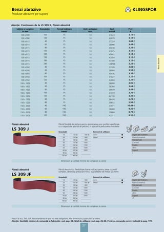 Benzi abrazive
Produse abrazive pe suport


Atenţie: Continuare de la LS 309 X, Pânză abrazivă
     Lăţime x Lungime        Granulaţie        Formă îmbinare                 Unit. ambalare                  Cod                Preţ
          în mm                                    bandă                           /buc.                     articol              €
         100 x 900               100                   F5                            10                      41623               3,12 €
         100 x 900               120                   F5                            10                      42679               3,12 €
         100 x 915                40                   F5                            10                      37324               3,84 €
         100 x 915                60                   F5                            10                      38900               3,43 €
         100 x 915                80                   F5                            10                      40430               3,22 €
         100 x 915               100                   F5                            10                      41625               3,12 €
         100 x 915               120                   F5                            10                      42681               3,12 €
         100 x 915               150                   F5                            10                      43054               3,12 €




                                                                                                                                                             Benzi abrazive
         100 x 915               180                   F5                            10                      43308               3,12 €
         100 x 915               240                   F5                            10                      128755              3,22 €
         100 x 950                40                   F5                            10                      37328               3,84 €
         100 x 950                60                   F5                            10                      38904               3,53 €
         100 x 950                80                   F5                            10                      40435               3,32 €
         100 x 950               100                   F5                            10                      41627               3,22 €
         100 x 950               120                   F5                            10                      42684               3,22 €
         100 x 1000               40                   F5                            10                      36999               4,05 €
         100 x 1000               60                   F5                            10                      38304               3,64 €
         100 x 1000               80                   F5                            10                      39679               3,43 €
         100 x 1000              100                   F5                            10                      41019               3,32 €
         100 x 1000              120                   F5                            10                      42199               3,32 €
         150 x 1220               60                   F5                            10                      38428               6,23 €
         150 x 1220               80                   F5                            10                      39852               5,92 €
         150 x 2000               40                  F4G                            10                      37071              10,49 €
         150 x 2000               60                  F4G                            10                      38460               9,25 €
         150 x 2000               80                  F4G                            10                      39884               8,73 €
         150 x 2000              120                  F4G                            10                      42311               8,31 €



Pânză abrazivă                                   Pânză flexibilă de şlefuire pentru prelucrarea unor profile superficiale
                                                 cu o capacitate sporită de şlefuire, în special la prelucrarea metalelor
LS 309 J                                         Granulaţii:                              Domenii de utilizare:
                                                      16         120   ᭿       500 ᭿      Lemn                              ᭹           Agent de încleiere
                                                      24         150   ᭿       600        Metal                             ᭹           Răşină sintetică
                                                      30         180   ᭿       800                                                      Tip granulă
                                                      36         220   ᭿      1000                                                      Corund
                                                      40         240   ᭿      1200                                                      Înveliş
                                                      50         280   ᭿      1500                                                      dens
                                                      60 ᭿       320   ᭿      2000                                                      Suport
                                                      80 ᭿       360   ᭿                                                                J
                                                     100 ᭿       400   ᭿


                                                    Dimensiuni şi cantităţi minime de cumpărare la cerere



Pânză abrazivă                                   Pânză abrazivă cu flexibilitate foarte ridicată pentru piese cu profil
                                                 complex, destinată prelucrării fine a suprafeţelor de metal sau lemn
LS 309 JF                                        Granulaţii:                              Domenii de utilizare:
                                                      16         120   ᭿       500        Lemn                              ᭹           Agent de încleiere
                                                      24         150   ᭿       600 ᭿      Metal                             ᭹           Răşină sintetică
                                                      30         180   ᭿       800                                                      Tip granulă
                                                      36         220   ᭿      1000                                                      Corund
                                                      40         240   ᭿      1200                                                      Înveliş
                                                      50         280   ᭿      1500                                                      dens
                                                      60 ᭿       320   ᭿      2000                                                      Suport
                                                      80 ᭿       360   ᭿                                                                JF
                                                     100 ᭿       400   ᭿


                                                    Dimensiuni şi cantităţi minime de cumpărare la cerere




Preţuri la buc. fără TVA. Recomandarea de preţ nu este obligatorie. Alte dimensiuni și granulaţii la cerere.
Atenţie: Cantităţi minime de comandă la fabricaţie: vezi pag. 28. Ghid de utilizare: vezi pag. 26-28. Pentru a comanda corect: Indicaţii la pag. 199.

                                                                            37
 