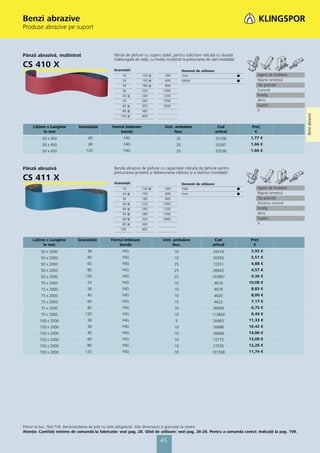 Benzi abrazive
Produse abrazive pe suport



Pânză abrazivă, multistrat                       Pânză de şlefuire cu suport stabil, pentru solicitare ridicată cu durată
                                                 îndelungată de viaţă, cu înveliş multistrat la prelucrarea de oţel inoxidabil
CS 410 X                                         Granulaţii:                                 Domenii de utilizare:
                                                      16          120 ᭿          500         Inox                                ᭹       Agent de încleiere
                                                      24          150 ᭿          600         Metal                               ᭹       Răşină sintetică
                                                      30          180 ᭿          800                                                     Tip granulă
                                                      36          220           1000                                                     Corund
                                                      40   ᭿      240           1200                                                     Înveliş
                                                      50          280           1500                                                     dens
                                                      60   ᭿      320           2000                                                     Suport
                                                      80   ᭿      360                                                                    X




                                                                                                                                                              Benzi abrazive
                                                     100   ᭿      400


     Lăţime x Lungime         Granulaţie        Formă îmbinare                   Unit. ambalare                   Cod                 Preţ
          în mm                                     bandă                             /buc.                      articol               €
          50 x 450                 60                  F4G                              25                           53108           1,77 €
          50 x 450                 80                  F4G                              25                           53267           1,66 €
          50 x 450                120                  F4G                              25                           53538           1,66 €



Pânză abrazivă                                   Bandă abrazivă de şlefuire cu capacitate ridicată de şlefuire pentru
                                                 prelucrarea grosieră şi debavurarea oţelului şi a oţelului inoxidabil
CS 411 X                                         Granulaţii:                                 Domenii de utilizare:
                                                      16          120 ᭿          500         Oţel                                ᭹       Agent de încleiere
                                                      24   ᭿      150            600         Inox                                ᭹       Răşină sintetică
                                                      30          180            800                                                     Tip granulă
                                                      36   ᭿      220           1000                                                     Zirconiu corund
                                                      40   ᭿      240           1200                                                     Înveliş
                                                      50   ᭿      280           1500                                                     dens
                                                      60   ᭿      320           2000                                                     Suport
                                                      80   ᭿      360                                                                    X
                                                     100          400


     Lăţime x Lungime        Granulaţie        Formă îmbinare                   Unit. ambalare                   Cod                 Preţ
          în mm                                    bandă                             /buc.                      articol               €
         50 x 2000                 36                 F4G                              10                       26419                 5,92 €
         50 x 2000                 40                 F4G                              10                       26593                 5,51 €
         50 x 2000                 60                 F4G                              25                       72251                 4,88 €
         50 x 2000                 80                 F4G                              25                       26943                 4,57 €
         50 x 2000               120                  F4G                              25                       103997                4,36 €
         75 x 2000                 24                 F4G                              10                        4618                10,08 €
         75 x 2000                 36                 F4G                              10                        4619                 8,83 €
         75 x 2000                 40                 F4G                              10                        4620                 8,00 €
         75 x 2000                 60                 F4G                              10                        4622                 7,17 €
         75 x 2000                 80                 F4G                              10                       26969                 6,75 €
         75 x 2000               120                  F4G                              10                       113664                6,44 €
         100 x 2000                36                 F4G                               5                       26463                11,33 €
         150 x 2000                36                 F4G                              10                       26488                16,42 €
         150 x 2000                40                 F4G                              10                       26668                14,86 €
         150 x 2000                60                 F4G                              10                       72775                13,09 €
         150 x 2000                80                 F4G                              10                       27030                12,26 €
         150 x 2000              120                  F4G                              10                       101308               11,74 €




Preţuri la buc. fără TVA. Recomandarea de preţ nu este obligatorie. Alte dimensiuni și granulaţii la cerere.
Atenţie: Cantităţi minime de comandă la fabricaţie: vezi pag. 28. Ghid de utilizare: vezi pag. 26-28. Pentru a comanda corect: Indicaţii la pag. 199.

                                                                              45
 