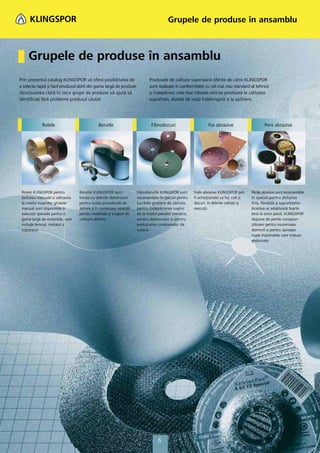 Grupele de produse în ansamblu



     Grupele de produse în ansamblu
Prin prezentul catalog KLINGSPOR vă oferă posibilitatea de                     Produsele de calitate superioară oferite de către KLINGSPOR
a selecta rapid și facil produsul dorit din gama largă de produse.             sunt realizate în conformitate cu cel mai nou standard al tehnicii
Structurarea clară în zece grupe de produse vă ajută să                        și îndeplinesc cele mai ridicate cerinţe privitoare la calitatea
identificaţi fără probleme produsul căutat                                     suprafeţei, durata de viaţă îndelungată și la așchiere.




             Rolele                            Benzile                           Fibrodiscuri                       Foi abrazive                      Perii abrazive




 Rolele KLINGSPOR pentru           Benzile KLINGSPOR sunt               Fibrodiscurile KLINGSPOR sunt      Foile abrazive KLINGSPOR pot       Periile abrazive sunt recomandate
 șlefuirea manuală și utilizarea   livrate cu diferite dimensiuni       recomandate în special pentru      fi achiziţionate ca foi, coli și   în special pentru șlefuirea
 la nivelul mașinilor ghidate      pentru toate procedurile de          lucrările grosiere de șlefuire,    discuri, în diferite calităţi și   fină, flexibilă a suprafeţelor.
 manual sunt disponibile în        șlefuire și în numeroase varietăţi   pentru îndepărtarea ruginii        execuţii.                          Acestea se adaptează foarte
 execuţie specială pentru o        pentru materiale și scopuri de       de la nivelul pieselor metalice,                                      bine la orice piesă. KLINGSPOR
 gamă largă de materiale, care     utilizare diferite.                  pentru debavurare și pentru                                           dispune de periile corespun-
 include lemnul, metalul și                                             prelucrarea cordoanelor de                                            zătoare pentru numeroase
 vopseaua.                                                              sudură.                                                               domenii și pentru aproape
                                                                                                                                              toate materialele care trebuie
                                                                                                                                              prelucrate.




                                                                                     6
 