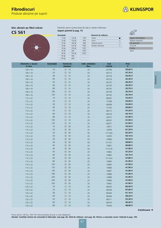 Fibrodiscuri
Produse abrazive pe suport



Disc abraziv pe fibră vulcan                          Fibrodisc pentru prelucrarea de oţel şi metale neferoase
                                                      Suport potrivit la pag. 73
CS 561                                                Granulaţii:                              Domenii de utilizare:
                                                           16   ᭿        120   ᭿    500        Metal                        ᭹              Agent de încleiere
                                                           24   ᭿        150   ᭿    600        Lemn                         ᭺              Răşină sintetică
                                                           30   ᭿        180   ᭿    800        Material plastic             ᭺              Tip granulă
                                                           36   ᭿        220   ᭿   1000        Metale neferoase             ᭺              Corund
                                                           40   ᭿        240   ᭿   1200                                                    Înveliş
                                                           50   ᭿        280       1500                                                    dens
                                                           60   ᭿        320   ᭿   2000
                                                           80   ᭿        360
                                                          100   ᭿        400


          Diametru x Gaură               Granulaţie         Formă de               Unit. ambalare                  Cod              Preţ
              în mm                                          ştanţare                   /buc.                     articol            €
               100 x 16                        16                   10                    25                      65708             58,60 €
               100 x 16                        24                   10                    25                      65713             47,70 €
               100 x 16                        36                   10                    25                      65718             44,50 €




                                                                                                                                                                  Fibrodiscuri
               100 x 16                        40                   10                    25                      65720             42,30 €
               100 x 16                        50                   10                    25                      65725             40,30 €
               100 x 16                        60                   10                    25                      65730             36,50 €
               100 x 16                        80                   10                    25                      65735             35,70 €
               100 x 16                       100                   10                    25                      65739             35,70 €
               100 x 16                       120                   10                    25                      65743             35,70 €
               115 x 22                        16                   10                    25                      66302             73,50 €
               115 x 22                        24                   10                    25                      72298             59,00 €
               115 x 22                        36                   10                    25                      66308             53,00 €
               115 x 22                        40                   10                    25                      72192             49,80 €
               115 x 22                        50                   10                    25                      66313             47,20 €
               115 x 22                        60                   10                    25                      66318             43,10 €
               115 x 22                        80                   10                    25                      25472             41,90 €
               115 x 22                       100                   10                    25                      66322             41,90 €
               115 x 22                       120                   10                    25                      66327             41,90 €
               115 x 22                        16                   30                    25                      10977             76,30 €
               115 x 22                        24                   30                    25                      10978             61,20 €
               115 x 22                        24                   30                    50                      311520            65,20 €
               115 x 22                        30                   30                    25                      10979             59,10 €
               115 x 22                        36                   30                    25                      10980             55,30 €
               115 x 22                        36                   30                    50                      311521            58,80 €
               115 x 22                        40                   30                    25                      10981             49,80 €
               115 x 22                        40                   30                    50                      311518            51,00 €
               115 x 22                        50                   30                    25                      10982             47,20 €
               115 x 22                        60                   30                    25                      10983             43,10 €
               115 x 22                        60                   30                    50                      311524            47,80 €
               115 x 22                        80                   30                    25                      10984             41,90 €
               115 x 22                       100                   30                    25                      10985             41,90 €
               115 x 22                       120                   30                    25                      10986             41,90 €
               115 x 22                       150                   30                    25                      10987             41,90 €
               115 x 22                       180                   30                    25                      10988             41,90 €
               115 x 22                       220                   30                    25                      10989             41,90 €
               115 x 22                       240                   30                    25                      10990             41,90 €
               115 x 22                       320                   30                    25                      10992             41,90 €
               125 x 22                        16                   10                    25                      66354             84,40 €
               125 x 22                        24                   10                    25                      66358             67,60 €
               125 x 22                        36                   10                    25                      66364             61,10 €
               125 x 22                        40                   10                    25                      66366             58,20 €
               125 x 22                        50                   10                    25                      66371             55,30 €
               125 x 22                        60                   10                    25                      66376             50,40 €
               125 x 22                        80                   10                    25                      70439             48,90 €

                                                                                                                                                     Continuare
Preţuri pentru 100 buc. fără TVA. Recomandarea de preţ nu este obligatorie.
Atenţie: Cantităţi minime de comandă la fabricaţie: vezi pag. 66. Ghid de utilizare: vezi pag. 66. Pentru a comanda corect: Indicaţii la pag. 199.

                                                                                   67
 