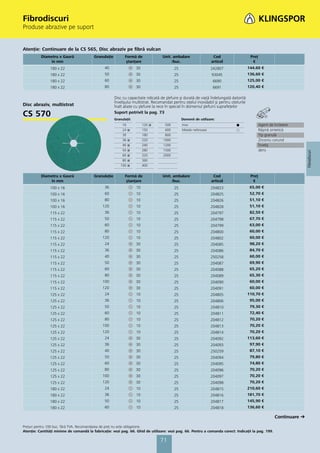 Fibrodiscuri
Produse abrazive pe suport


Atenţie: Continuare de la CS 565, Disc abraziv pe fibră vulcan
          Diametru x Gaură               Granulaţie          Formă de              Unit. ambalare                  Cod                   Preţ
              în mm                                           ştanţare                  /buc.                     articol                 €
               180 x 22                        40                   30                    25                      242807                144,60 €
               180 x 22                        50                   30                    25                      93045                 136,60 €
               180 x 22                        60                   30                    25                       6690                 125,00 €
               180 x 22                        80                   30                    25                       6691                 120,40 €

                                                      Disc cu capacitate ridicată de şlefuire şi durată de viaţă îndelungată datorită
                                                      învelişului multistrat. Recomandat pentru oţelul inoxidabil şi pentru oţelurile
Disc abraziv, multistrat                              înalt aliate cu şlefuire la rece în special în domeniul şlefuirii suprafeţelor

CS 570                                                Suport potrivit la pag. 73
                                                      Granulaţii:                              Domenii de utilizare:
                                                           16            120 ᭿      500        Inox                            ᭹                Agent de încleiere
                                                           24   ᭿        150        600        Metale neferoase                ᭺                Răşină sintetică
                                                           30            180        800                                                         Tip granulă
                                                           36   ᭿        220       1000                                                         Zirconiu corund
                                                           40   ᭿        240       1200                                                         Înveliş
                                                           50   ᭿        280       1500                                                         dens




                                                                                                                                                                      Fibrodiscuri
                                                           60   ᭿        320       2000
                                                           80   ᭿        360
                                                          100   ᭿        400


          Diametru x Gaură               Granulaţie          Formă de              Unit. ambalare                  Cod                   Preţ
              în mm                                           ştanţare                  /buc.                     articol                 €
               100 x 16                        36                   10                    25                      204823                 65,00 €
               100 x 16                        60                   10                    25                      204825                 52,70 €
               100 x 16                        80                   10                    25                      204826                 51,10 €
               100 x 16                       120                   10                    25                      204828                 51,10 €
               115 x 22                        36                   10                    25                      204797                 82,50 €
               115 x 22                        50                   10                    25                      204798                 67,70 €
               115 x 22                        60                   10                    25                      204799                 63,00 €
               115 x 22                        80                   10                    25                      204800                 60,00 €
               115 x 22                       120                   10                    25                      204802                 60,00 €
               115 x 22                        24                   30                    25                      204085                 98,20 €
               115 x 22                        36                   30                    25                      204086                 84,70 €
               115 x 22                        40                   30                    25                      250258                 60,00 €
               115 x 22                        50                   30                    25                      204087                 69,90 €
               115 x 22                        60                   30                    25                      204088                 65,20 €
               115 x 22                        80                   30                    25                      204089                 65,30 €
               115 x 22                       100                   30                    25                      204090                 60,00 €
               115 x 22                       120                   30                    25                      204091                 60,00 €
               125 x 22                        24                   10                    25                      204805                110,70 €
               125 x 22                        36                   10                    25                      204806                 95,00 €
               125 x 22                        50                   10                    25                      204810                 79,30 €
               125 x 22                        60                   10                    25                      204811                 72,40 €
               125 x 22                        80                   10                    25                      204812                 70,20 €
               125 x 22                       100                   10                    25                      204813                 70,20 €
               125 x 22                       120                   10                    25                      204814                 70,20 €
               125 x 22                        24                   30                    25                      204092                113,60 €
               125 x 22                        36                   30                    25                      204093                 97,90 €
               125 x 22                        40                   30                    25                      250259                 87,10 €
               125 x 22                        50                   30                    25                      204094                 79,80 €
               125 x 22                        60                   30                    25                      204095                 74,80 €
               125 x 22                        80                   30                    25                      204096                 70,20 €
               125 x 22                       100                   30                    25                      204097                 70,20 €
               125 x 22                       120                   30                    25                      204098                 70,20 €
               180 x 22                        24                   10                    25                      204815                210,60 €
               180 x 22                        36                   10                    25                      204816                181,70 €
               180 x 22                        50                   10                    25                      204817                145,90 €
               180 x 22                        60                   10                    25                      204818                136,60 €

                                                                                                                                                         Continuare
Preţuri pentru 100 buc. fără TVA. Recomandarea de preţ nu este obligatorie.
Atenţie: Cantităţi minime de comandă la fabricaţie: vezi pag. 66. Ghid de utilizare: vezi pag. 66. Pentru a comanda corect: Indicaţii la pag. 199.

                                                                                 71
 