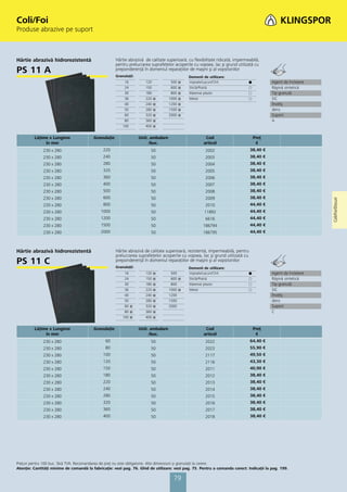 Coli/Foi
Produse abrazive pe suport



Hârtie abrazivă hidrorezistentă                       Hârtie abrazivă de calitate superioară, cu ﬂexibilitate ridicată, impermeabilă,
                                                      pentru prelucrarea suprafeţelor acoperite cu vopsea, lac şi grund utilizată cu
PS 11 A                                               preponderenţă în domeniul reparaţiilor de maşini şi al vopsitoriilor
                                                      Granulaţii:                               Domenii de utilizare:
                                                           16          120            500   ᭿   Vopsele/Lacuri/Chit            ᭹           Agent de încleiere
                                                           24          150            600   ᭿   Sticlă/Piatră                  ᭺           Răşină sintetică
                                                           30          180            800   ᭿   Material plastic               ᭺           Tip granulă
                                                           36          220   ᭿       1000   ᭿   Metal                          ᭺           SiC
                                                           40          240   ᭿       1200   ᭿                                              Înveliş
                                                           50          280   ᭿       1500   ᭿                                              dens
                                                           60          320   ᭿       2000   ᭿                                              Suport
                                                           80          360   ᭿                                                             A
                                                          100          400   ᭿


         Lăţime x Lungime                Granulaţie                 Unit. ambalare                       Cod                       Preţ
              în mm                                                      /buc.                          articol                     €
              230 x 280                       220                        50                              2002                    38,40 €
              230 x 280                       240                        50                              2003                    38,40 €
              230 x 280                       280                        50                              2004                    38,40 €
              230 x 280                       320                        50                              2005                    38,40 €
              230 x 280                       360                        50                              2006                    38,40 €
              230 x 280                       400                        50                              2007                    38,40 €
              230 x 280                       500                        50                              2008                    38,40 €
              230 x 280                       600                        50                              2009                    38,40 €




                                                                                                                                                                Coli/Foi/Discuri
              230 x 280                       800                        50                              2010                    44,40 €
              230 x 280                      1000                        50                              11892                   44,40 €
              230 x 280                      1200                        50                              6616                    44,40 €
              230 x 280                      1500                        50                             186794                   44,40 €
              230 x 280                      2000                        50                             186795                   44,40 €



Hârtie abrazivă hidrorezistentă                       Hârtie abrazivă de calitate superioară, rezistentă, impermeabilă, pentru
                                                      prelucrarea suprafeţelor acoperite cu vopsea, lac şi grund utilizată cu
PS 11 C                                               preponderenţă în domeniul reparaţiilor de maşini şi al vopsitoriilor
                                                      Granulaţii:                               Domenii de utilizare:
                                                           16          120   ᭿        500       Vopsele/Lacuri/Chit            ᭹           Agent de încleiere
                                                           24          150   ᭿        600 ᭿     Sticlă/Piatră                  ᭺           Răşină sintetică
                                                           30          180   ᭿        800       Material plastic               ᭺           Tip granulă
                                                           36          220   ᭿       1000 ᭿     Metal                          ᭺           SiC
                                                           40          240   ᭿       1200                                                  Înveliş
                                                           50          280   ᭿       1500                                                  dens
                                                           60 ᭿        320   ᭿       2000                                                  Suport
                                                           80 ᭿        360   ᭿                                                             C
                                                          100 ᭿        400   ᭿


         Lăţime x Lungime                Granulaţie                 Unit. ambalare                       Cod                       Preţ
              în mm                                                      /buc.                          articol                     €
              230 x 280                        60                        50                              2022                    64,40 €
              230 x 280                        80                        50                              2023                    55,90 €
              230 x 280                       100                        50                              2117                    49,50 €
              230 x 280                       120                        50                              2116                    43,30 €
              230 x 280                       150                        50                              2011                    40,90 €
              230 x 280                       180                        50                              2012                    38,40 €
              230 x 280                       220                        50                              2013                    38,40 €
              230 x 280                       240                        50                              2014                    38,40 €
              230 x 280                       280                        50                              2015                    38,40 €
              230 x 280                       320                        50                              2016                    38,40 €
              230 x 280                       360                        50                              2017                    38,40 €
              230 x 280                       400                        50                              2018                    38,40 €




Preţuri pentru 100 buc. fără TVA. Recomandarea de preţ nu este obligatorie. Alte dimensiuni și granulaţii la cerere.
Atenţie: Cantităţi minime de comandă la fabricaţie: vezi pag. 76. Ghid de utilizare: vezi pag. 75. Pentru a comanda corect: Indicaţii la pag. 199.

                                                                                       79
 