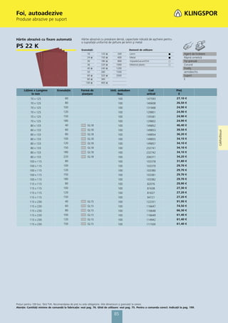 Foi, autoadezive
Produse abrazive pe suport



Hârtie abrazivă cu fixare automată                   Hârtie abrazivă cu presărare densă, capacitate ridicată de aşchiere pentru
                                                     o suprafaţă uniformă de şlefuire pe lemn şi metal
PS 22 K                                              Granulaţii:                            Domenii de utilizare:
                                                          16         120   ᭿        500     Lemn                            ᭹             Agent de încleiere
                                                          24   ᭿     150   ᭿        600     Metal                           ᭹             Răşină sintetică
                                                          30         180   ᭿        800     Vopsele/Lacuri/Chit             ᭺             Tip granulă
                                                          36         220   ᭿       1000     Material plastic                ᭺             Corund
                                                          40   ᭿     240   ᭿       1200                                                   Înveliş
                                                          50         280           1500                                                   semideschis
                                                          60   ᭿     320   ᭿       2000                                                   Suport
                                                          80   ᭿     360                                                                  E
                                                         100   ᭿     400   ᭿


      Lăţime x Lungime           Granulaţie          Formă de                  Unit. ambalare                Cod                   Preţ
           în mm                                      ştanţare                      /buc.                   articol                 €
           70 x 125                    60                                           100                     147593                 27,10 €
           70 x 125                    80                                           100                     140608                 26,50 €
           70 x 125                   100                                           100                     131668                 24,90 €
           70 x 125                   120                                           100                     129801                 24,90 €
           70 x 125                   150                                           100                     135581                 24,90 €
           70 x 125                   180                                           100                     129802                 24,90 €
           80 x 133                    40                 GL18                      100                     149852                 46,40 €
           80 x 133                    60                 GL18                      100                     149853                 39,50 €




                                                                                                                                                               Coli/Foi/Discuri
           80 x 133                    80                 GL18                      100                     149854                 36,20 €
           80 x 133                   100                 GL18                      100                     149855                 34,10 €
           80 x 133                   120                 GL18                      100                     149857                 34,10 €
           80 x 133                   150                 GL18                      100                     232741                 34,10 €
           80 x 133                   180                 GL18                      100                     232742                 34,10 €
           80 x 133                   220                 GL18                      100                     206371                 34,20 €
           100 x 115                   80                                           100                     103378                 31,80 €
           100 x 115                  100                                           100                     103379                 29,70 €
           100 x 115                  120                                           100                     103380                 29,70 €
           100 x 115                  150                                           100                     103381                 29,70 €
           100 x 115                  180                                           100                     103382                 29,70 €
           115 x 115                   80                                           100                      82076                 29,90 €
           115 x 115                  100                                           100                      81638                 27,30 €
           115 x 115                  120                                           100                      81637                 27,20 €
           115 x 115                  150                                           100                      94721                 27,20 €
           115 x 230                   40                 GL15                      100                     122331                 91,90 €
           115 x 230                   60                 GL15                      100                     116647                 74,50 €
           115 x 230                   80                 GL15                      100                     116648                 66,30 €
           115 x 230                  100                 GL15                      100                     116649                 61,40 €
           115 x 230                  120                 GL15                      100                     114942                 61,40 €
           115 x 230                  150                 GL15                      100                     111500                 61,40 €




Preţuri pentru 100 buc. fără TVA. Recomandarea de preţ nu este obligatorie. Alte dimensiuni și granulaţii la cerere.
Atenţie: Cantităţi minime de comandă la fabricaţie: vezi pag. 76. Ghid de utilizare: vezi pag. 75. Pentru a comanda corect: Indicaţii la pag. 199.

                                                                                 85
 