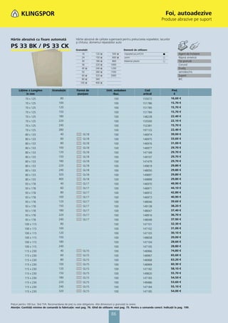 Foi, autoadezive
                                                                                                                            Produse abrazive pe suport



Hârtie abrazivă cu fixare automată                   Hârtie abrazivă de calitate superioară pentru prelucrarea vopselelor, lacurilor
                                                     şi chitului; domeniul reparaţiilor auto
PS 33 BK / PS 33 CK                                  Granulaţii:                             Domenii de utilizare:
                                                          16         120   ᭿       500 ᭿     Vopsele/Lacuri/Chit              ᭹               Agent de încleiere
                                                          24         150   ᭿       600 ᭿     Lemn                             ᭺               Răşină sintetică
                                                          30         180   ᭿       800       Material plastic                 ᭺               Tip granulă
                                                          36         220   ᭿      1000                                                        Corund
                                                          40   ᭿     240   ᭿      1200                                                        Înveliş
                                                          50         280   ᭿      1500                                                        semideschis
                                                          60   ᭿     320   ᭿      2000                                                        Suport
                                                          80   ᭿     360                                                                      B/C
                                                         100   ᭿     400   ᭿


      Lăţime x Lungime           Granulaţie          Formă de                  Unit. ambalare                   Cod                    Preţ
           în mm                                      ştanţare                      /buc.                      articol                  €
           70 x 125                     80                                          100                        155072                  16,60 €
           70 x 125                    100                                          100                        151786                  15,70 €
           70 x 125                    120                                          100                        151785                  15,70 €
           70 x 125                    150                                          100                        151784                  15,70 €
           70 x 125                    180                                          100                        148228                  22,40 €
           70 x 125                    220                                          100                        155500                  22,10 €
           70 x 125                    240                                          100                        152381                  15,70 €
           70 x 125                    280                                          100                        197133                  22,40 €
           80 x 133                     40                 GL18                     100                        146974                  39,00 €
           80 x 133                     60                 GL18                     100                        146975                  33,60 €
           80 x 133                     80                 GL18                     100                        146976                  31,00 €
           80 x 133                    100                 GL18                     100                        146977                  29,70 €
           80 x 133                    120                 GL18                     100                        147169                  29,70 €
           80 x 133                    150                 GL18                     100                        149107                  29,70 €
           80 x 133                    180                 GL18                     100                        147479                  29,70 €
           80 x 133                    220                 GL18                     100                        149819                  29,80 €
           80 x 133                    240                 GL18                     100                        148050                  29,80 €
           80 x 133                    320                 GL18                     100                        149897                  29,80 €
           80 x 133                    400                 GL18                     100                        149899                  29,80 €
           93 x 178                     40                 GL17                     100                        146970                  49,90 €
           93 x 178                     60                 GL17                     100                        146971                  44,10 €
           93 x 178                     80                 GL17                     100                        146972                  42,80 €
           93 x 178                    100                 GL17                     100                        146973                  40,90 €
           93 x 178                    120                 GL17                     100                        148046                  39,60 €
           93 x 178                    150                 GL17                     100                        149138                  38,20 €
           93 x 178                    180                 GL17                     100                        148047                  37,40 €
           93 x 178                    220                 GL17                     100                        148916                  36,70 €
           93 x 178                    240                 GL17                     100                        148048                  37,90 €
           100 x 115                    80                                          100                        147101                  32,30 €
           100 x 115                   100                                          100                        147102                  31,00 €
           100 x 115                   120                                          100                        147103                  30,10 €
           100 x 115                   150                                          100                        148658                  29,00 €
           100 x 115                   180                                          100                        147104                  28,60 €
           100 x 115                   240                                          100                        147105                  28,80 €
           115 x 230                    40                 GL15                     100                        146966                  74,80 €
           115 x 230                    60                 GL15                     100                        146967                  65,60 €
           115 x 230                    80                 GL15                     100                        146968                  63,20 €
           115 x 230                   100                 GL15                     100                        146969                  60,30 €
           115 x 230                   120                 GL15                     100                        147182                  58,10 €
           115 x 230                   150                 GL15                     100                        149820                  55,70 €
           115 x 230                   180                 GL15                     100                        147183                  54,50 €
           115 x 230                   220                 GL15                     100                        149486                  53,60 €
           115 x 230                   240                 GL15                     100                        147184                  55,10 €
           115 x 230                   320                 GL15                     100                        147185                  54,00 €



Preţuri pentru 100 buc. fără TVA. Recomandarea de preţ nu este obligatorie. Alte dimensiuni și granulaţii la cerere.
Atenţie: Cantităţi minime de comandă la fabricaţie: vezi pag. 76. Ghid de utilizare: vezi pag. 75. Pentru a comanda corect: Indicaţii la pag. 199.

                                                                                  86
 