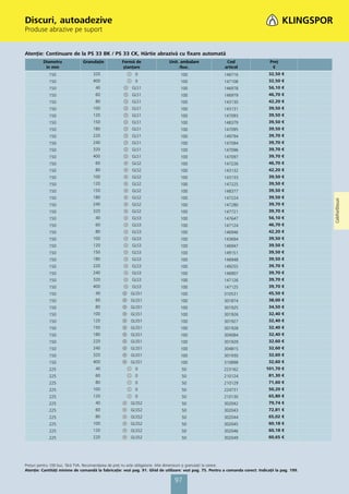 Discuri, autoadezive
Produse abrazive pe suport


Atenţie: Continuare de la PS 33 BK / PS 33 CK, Hârtie abrazivă cu fixare automată
         Diametru              Granulaţie          Formă de                  Unit. ambalare                Cod                    Preţ
          în mm                                     ştanţare                      /buc.                   articol                  €
            150                     320                    0                       100                    146716                  32,50 €
            150                     400                    0                       100                    147108                  32,50 €
            150                      40                  GLS1                      100                    146978                  56,10 €
            150                      60                  GLS1                      100                    146979                  46,70 €
            150                      80                  GLS1                      100                    143130                  42,20 €
            150                     100                  GLS1                      100                    143131                  39,50 €
            150                     120                  GLS1                      100                    147093                  39,50 €
            150                     150                  GLS1                      100                    148379                  39,50 €
            150                     180                  GLS1                      100                    147095                  39,50 €
            150                     220                  GLS1                      100                    149794                  39,70 €
            150                     240                  GLS1                      100                    147094                  39,70 €
            150                     320                  GLS1                      100                    147096                  39,70 €
            150                     400                  GLS1                      100                    147097                  39,70 €
            150                      60                  GLS2                      100                    147226                  46,70 €
            150                      80                  GLS2                      100                    143132                  42,20 €
            150                     100                  GLS2                      100                    143133                  39,50 €
            150                     120                  GLS2                      100                    147225                  39,50 €
            150                     150                  GLS2                      100                    148377                  39,50 €
            150                     180                  GLS2                      100                    147224                  39,50 €




                                                                                                                                                     Coli/Foi/Discuri
            150                     240                  GLS2                      100                    147280                  39,70 €
            150                     320                  GLS2                      100                    147721                  39,70 €
            150                      40                  GLS3                      100                    147647                  56,10 €
            150                      60                  GLS3                      100                    147124                  46,70 €
            150                      80                  GLS3                      100                    146946                  42,20 €
            150                     100                  GLS3                      100                    143694                  39,50 €
            150                     120                  GLS3                      100                    146947                  39,50 €
            150                     150                  GLS3                      100                    149151                  39,50 €
            150                     180                  GLS3                      100                    146948                  39,50 €
            150                     220                  GLS3                      100                    149255                  39,70 €
            150                     240                  GLS3                      100                    146907                  39,70 €
            150                     320                  GLS3                      100                    147126                  39,70 €
            150                     400                  GLS3                      100                    147125                  39,70 €
            150                      40                 GLS51                      100                    310531                  45,50 €
            150                      60                 GLS51                      100                    301874                  38,00 €
            150                      80                 GLS51                      100                    301925                  34,50 €
            150                     100                 GLS51                      100                    301926                  32,40 €
            150                     120                 GLS51                      100                    301927                  32,40 €
            150                     150                 GLS51                      100                    301928                  32,40 €
            150                     180                 GLS51                      100                    304084                  32,40 €
            150                     220                 GLS51                      100                    301929                  32,60 €
            150                     240                 GLS51                      100                    304815                  32,60 €
            150                     320                 GLS51                      100                    301930                  32,60 €
            150                     400                 GLS51                      100                    310898                  32,60 €
            225                      40                    0                       50                     223162                101,70 €
            225                      60                    0                       50                     210124                  81,30 €
            225                      80                    0                       50                     210129                  71,60 €
            225                     100                    0                       50                     224731                  50,20 €
            225                     120                    0                       50                     210130                  65,80 €
            225                      40                 GLS52                      50                     302042                  79,74 €
            225                      60                 GLS52                      50                     302043                  72,81 €
            225                      80                 GLS52                      50                     302044                  65,02 €
            225                     100                 GLS52                      50                     302045                  60,18 €
            225                     120                 GLS52                      50                     302046                  60,18 €
            225                     220                 GLS52                      50                     302049                  60,65 €




Preţuri pentru 100 buc. fără TVA. Recomandarea de preţ nu este obligatorie. Alte dimensiuni și granulaţii la cerere.
Atenţie: Cantităţi minime de comandă la fabricaţie: vezi pag. 91. Ghid de utilizare: vezi pag. 75. Pentru a comanda corect: Indicaţii la pag. 199.

                                                                                97
 