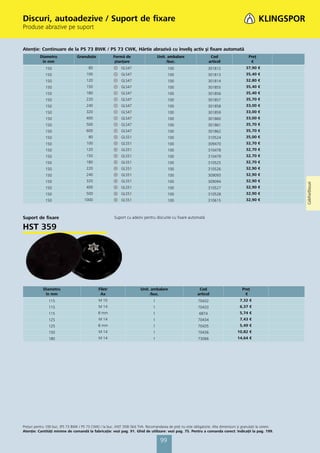 Discuri, autoadezive / Suport de fixare
Produse abrazive pe suport


Atenţie: Continuare de la PS 73 BWK / PS 73 CWK, Hârtie abrazivă cu înveliş activ şi fixare automată
          Diametru                Granulaţie             Formă de                      Unit. ambalare                   Cod                     Preţ
           în mm                                          ştanţare                          /buc.                      articol                   €
              150                        80                   GLS47                          100                       301812                 37,90 €
              150                       100                   GLS47                          100                       301813                 35,40 €
              150                       120                   GLS47                          100                       301814                 32,80 €
              150                       150                   GLS47                          100                       301855                 35,40 €
              150                       180                   GLS47                          100                       301856                 35,40 €
              150                       220                   GLS47                          100                       301857                 35,70 €
              150                       240                   GLS47                          100                       301858                 33,00 €
              150                       320                   GLS47                          100                       301859                 33,00 €
              150                       400                   GLS47                          100                       301860                 33,00 €
              150                       500                   GLS47                          100                       301861                 35,70 €
              150                       600                   GLS47                          100                       301862                 35,70 €
              150                        80                   GLS51                          100                       310524                 35,00 €
              150                       100                   GLS51                          100                       309470                 32,70 €
              150                       120                   GLS51                          100                       310478                 32,70 €
              150                       150                   GLS51                          100                       310479                 32,70 €
              150                       180                   GLS51                          100                       310525                 32,70 €
              150                       220                   GLS51                          100                       310526                 32,90 €
              150                       240                   GLS51                          100                       309093                 32,90 €
              150                       320                   GLS51                          100                       309094                 32,90 €




                                                                                                                                                                   Coli/Foi/Discuri
              150                       400                   GLS51                          100                       310527                 32,90 €
              150                       500                   GLS51                          100                       310528                 32,90 €
              150                      1000                   GLS51                          100                       310615                 32,90 €



Suport de fixare                                          Suport cu adeziv pentru discurile cu fixare automată

HST 359




            Diametru                            Filet/                     Unit. ambalare                       Cod                         Preţ
             în mm                               Ax                             /buc.                          articol                        €
                115                             M 10                               1                           70432                      7,32 €
                115                             M 14                               1                           70433                      6,37 €
                115                             8 mm                               1                            6874                      5,74 €
                125                             M 14                               1                           70434                      7,43 €
                125                             8 mm                               1                           70435                      5,49 €
                150                             M 14                               1                           70436                     10,82 €
                180                             M 14                               1                           73066                     14,64 €




Preţuri pentru 100 buc. (PS 73 BWK / PS 73 CWK) / la buc. (HST 359) fără TVA. Recomandarea de preţ nu este obligatorie. Alte dimensiuni și granulaţii la cerere.
Atenţie: Cantităţi minime de comandă la fabricaţie: vezi pag. 91. Ghid de utilizare: vezi pag. 75. Pentru a comanda corect: Indicaţii la pag. 199.

                                                                                        99
 