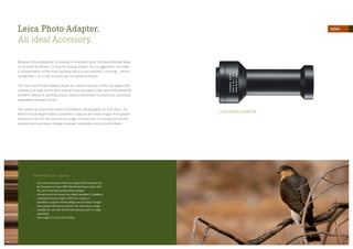Leica Photo-Adapter.
An ideal Accessory.
Because of its predilection for preying on small farm birds, the Sharp-shinned Hawk
is not loved by farmers. During the mating season, too, its aggression can make  
it unpredictable. All the more exciting that it is now perched, unmoving – almost
thoughtfully – on a tree. A scene you can preserve forever.
The new Leica Photo-Adapter allows all common brands of film and digital SLR
cameras and other 35 mm film cameras to be mounted on the Leica APO-Televid 82
and APO-Televid 65 spotting scopes. Secure attachment is ensured by a precisely
engineered threaded mount.
This opens up brand new realms of telephoto photography for SLR users. The
800 mm focal length makes it possible to capture pin-sharp images from greater
distances and into the close-focus range. Furthermore, a rotating mechanism
enables quick and easy changes between landscape and portrait formats.
The benefits at a glance
all common brands of film and digital SLR cameras can
be mounted on Leica APO-Televid spotting scopes with
the aid of this high-quality photo adapter
connection to the camera by readily available T2 adapters
a telephoto focal length of 800 mm makes it
possible to capture frame-filling and pin-sharp images
from greater distances and into the close-focus range
suitable for use with full-format sensors, with no edge
vignetting
low weight of only 8.11 oz/230 g
LEICA PHOTO-ADAPTER
NEW!
3332
 