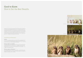 Good to Know.
How to Get the Best Results.
Overexposed
Underexposed
Digiscoping is all about experiencing the most wonderful moments before your
very eyes, and capturing them for all time. But it’s not always that simple. The
first difficulty arises when you try to focus your camera precisely on your poten­
tial subject — and the second is choosing the ideal moment to press the shutter
release. Sometimes there is a danger that images could be out of focus of
incorrectly exposed. Quite often, just a simple trick can make it easier to take
your shot – for example, just by adjusting the exposure.
Overexposure or underexposure
Situation
You have four little Burrowing Owls in your sights. It has the potential to be a
wonderful shot, but the camera’s automatic exposure function has overexposed
it so much that you can hardly recognise the little birds.
When your images are overexposed
The easiest way to avoid overexposure is to reduce the exposure determined in
program AE mode with a correction in the +/– settings in the camera menu.
Alternatively, you can stop down to a smaller aperture in manual mode – i. e. to
a higher f-number (aperture value).
When your images are underexposed
Either change your position relative to your subject, i. e. for more favourable
lighting of your subject, or try to increase the exposure determined in program AE
mode with a correction in the +/– settings.
4342
 