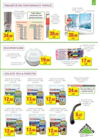 5
ÎMBUNĂTĂŢIRE PERFORMANŢĂ TERMICĂ
                                                                                                                              FOLIE THERMO
                                                                                                                             GEAM 1,7 X 1.5 M
            FOLIE ALUMINIU                                                                                                                         autoadezivă
                                                                                                                                10696623
          PROTECŢIE RADIATOR                        Toată căldura
            GROSIME 4 MM                                                                          FOLIE
                                                  caloriferului, fără                         REFLECTARE
             LUNGIME 5 M
              10388371
                                                 pierderi exterioare                            CĂLDURĂ
                                                                                               CALORIFER
                  Fără folie refractară                Cu folie refractară                    DIM: 1 x 0,7 M
                  Pierdere
                                                                                                10696644
                        de
                                                    Pierdere              Până la
                                                 de căldură           95% din căldură
                   căldură
                                   Calorifer      redusă cu          trimisă în interior
                                                până la 65%




34,80                                                                                        39,00
                                                                                              Lei                        39,90
 Lei                         zid                               zid                                                        Lei

                                                                                                                                             absoarbe umezeala
                                                                                                                                                din dulapul tău
DEZUMIDIFICARE                                                                                                                                lăsând un parfum
                                                                                                                                                    plăcut

   DEZUMIDIFICATOR
 CLASIC 450 G NEUTRU


                                                                                19,99
      10696882


         ideal pentru spaţii                                                     Lei
                                                                                                               DEZUMIDIFICATOR TRIMINI
                                                                                                                  PARFUMAT 3 BUC.
                                                                                                                                           17,90
                                                                                                                                            Lei
         de până la 20 mp
                                                                                                                     10696840




IZOLAŢIE ŢEVI & FERESTRE
 GARNITURĂ ETANŞARE                            GARNITURĂ ETANŞARE                            GARNITURĂ ETANŞARE                 PERIE UŞĂ STANDARD
PROFIL-E ALB 6M : 9MM                          PROFIL‐P ALB 6M : 9MM                        PROFIL‐D, ALB, 6M : 9MM               MARO 1MX37MM
      10236660                                       10236590                                      10236464                           10236072




                                                                                                                         24,90
                                                                                                                          Lei
                                                                                                                                           Nu lasă căldura să
                                                                                                                                            iasă din cameră.



12,80
 Lei
                                          13,90
                                           Lei
                                                                                           12,90
                                                                                            Lei
                                                                                                                                           IZOLATOR ŢEAVĂ
                                                                                                                                         D16 / GROSIME 10MM
                                                                                                                                             LUNGIME 2M
                                                                                                                                               10388252

  GARNITURĂ ETANŞARE                        GARNITURĂ ETANŞARE                                GARNITURĂ ETANŞARE
PROFIL‐E, MARO, 6M : 9MM                  PROFIL‐P, MARO, 6M : 9MM                          PROFIL‐D, MARO, 6M : 9MM


                                                                                                                                  5Lei
        10236674                                  10236786                                          10236471

                                                                                                                                    ,47



12,80                                     13,90
                                           Lei
                                                                                            12,90
 Lei                                                                                         Lei
 