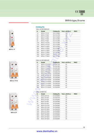 23
BKN-btype,Bcurve
Catalog No.
10kA at 230/400VAC
In Model Catalog No. Pack. unit (Pcs.) PRICE
1A BKN-b 1P B1A 06110160R0 120
2A BKN-b 1P B2A 06110161R0 120
3A BKN-b 1P B3A 06110162R0 120
4A BKN-b 1P B4A 06110163R0 120
6A BKN-b 1P B6A 06110164R0 120
10A BKN-b 1P B10A 06110165R0 120
16A BKN-b 1P B16A 06110166R0 120
20A BKN-b 1P B20A 06110167R0 120
25A BKN-b 1P B25A 06110168R0 120
32A BKN-b 1P B32A 06110169R0 120
40A BKN-b 1P B40A 06110170R0 120
50A BKN-b 1P B50A 06110171R0 120
63A BKN-b 1P B63A 06110172R0 120
10kA at 230/400VAC
In Model Catalog No. Pack. unit (Pcs.) PRICE
1A BKN-b 1P+N B1A 06120417R0 60
2A BKN-b 1P+N B2A 06120418R0 60
3A BKN-b 1P+N B3A 06120419R0 60
4A BKN-b 1P+N B4A 06120420R0 60
6A BKN-b 1P+N B6A 06120421R0 60
10A BKN-b 1P+N B10A 06120422R0 60
16A BKN-b 1P+N B16A 06120423R0 60
20A BKN-b 1P+N B20A 06120424R0 60
25A BKN-b 1P+N B25A 06120425R0 60
32A BKN-b 1P+N B32A 06120426R0 60
40A BKN-b 1P+N B40A 06120427R0 60
50A BKN-b 1P+N B50A 06120428R0 60
63A BKN-b 1P+N B63A 06120429R0 60
10kA at 400VAC
In Model Catalog No. Pack. unit (Pcs.) PRICE
1A BKN-b 2P B1A 06120430R0 60
2A BKN-b 2P B2A 06120431R0 60
3A BKN-b 2P B3A 06120432R0 60
4A BKN-b 2P B4A 06120433R0 60
6A BKN-b 2P B6A 06120434R0 60
10A BKN-b 2P B10A 06120435R0 60
16A BKN-b 2P B16A 06120436R0 60
20A BKN-b 2P B20A 06120437R0 60
25A BKN-b 2P B25A 06120438R0 60
32A BKN-b 2P B32A 06120439R0 60
40A BKN-b 2P B40A 06120440R0 60
50A BKN-b 2P B50A 06120441R0 60
63A BKN-b 2P B63A 06120442R0 60
BKN-b 1P
BKN-b 1P+N
BKN-b 2P
www.dienhathe.xyz
www.dienhathe.vn
 