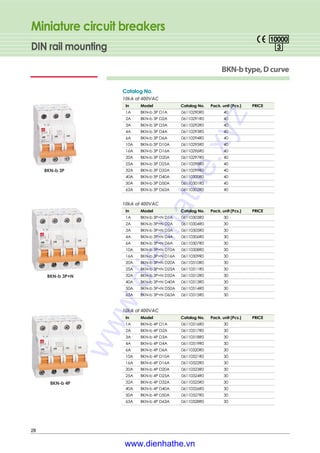 Miniature circuit breakers
DIN rail mounting
28
BKN-btype,Dcurve
Catalog No.
10kA at 400VAC
In Model Catalog No. Pack. unit (Pcs.) PRICE
1A BKN-b 3P D1A 06110290R0 40
2A BKN-b 3P D2A 06110291R0 40
3A BKN-b 3P D3A 06110292R0 40
4A BKN-b 3P D4A 06110293R0 40
6A BKN-b 3P D6A 06110294R0 40
10A BKN-b 3P D10A 06110295R0 40
16A BKN-b 3P D16A 06110296R0 40
20A BKN-b 3P D20A 06110297R0 40
25A BKN-b 3P D25A 06110298R0 40
32A BKN-b 3P D32A 06110299R0 40
40A BKN-b 3P D40A 06110300R0 40
50A BKN-b 3P D50A 06110301R0 40
63A BKN-b 3P D63A 06110302R0 40
10kA at 400VAC
In Model Catalog No. Pack. unit (Pcs.) PRICE
1A BKN-b 3P+N D1A 06110303R0 30
2A BKN-b 3P+N D2A 06110304R0 30
3A BKN-b 3P+N D3A 06110305R0 30
4A BKN-b 3P+N D4A 06110306R0 30
6A BKN-b 3P+N D6A 06110307R0 30
10A BKN-b 3P+N D10A 06110308R0 30
16A BKN-b 3P+N D16A 06110309R0 30
20A BKN-b 3P+N D20A 06110310R0 30
25A BKN-b 3P+N D25A 06110311R0 30
32A BKN-b 3P+N D32A 06110312R0 30
40A BKN-b 3P+N D40A 06110313R0 30
50A BKN-b 3P+N D50A 06110314R0 30
63A BKN-b 3P+N D63A 06110315R0 30
10kA at 400VAC
In Model Catalog No. Pack. unit (Pcs.) PRICE
1A BKN-b 4P D1A 06110316R0 30
2A BKN-b 4P D2A 06110317R0 30
3A BKN-b 4P D3A 06110318R0 30
4A BKN-b 4P D4A 06110319R0 30
6A BKN-b 4P D6A 06110320R0 30
10A BKN-b 4P D10A 06110321R0 30
16A BKN-b 4P D16A 06110322R0 30
20A BKN-b 4P D20A 06110323R0 30
25A BKN-b 4P D25A 06110324R0 30
32A BKN-b 4P D32A 06110325R0 30
40A BKN-b 4P D40A 06110326R0 30
50A BKN-b 4P D50A 06110327R0 30
63A BKN-b 4P D63A 06110328R0 30
BKN-b 3P
BKN-b 3P+N
BKN-b 4P
www.dienhathe.xyz
www.dienhathe.vn
 